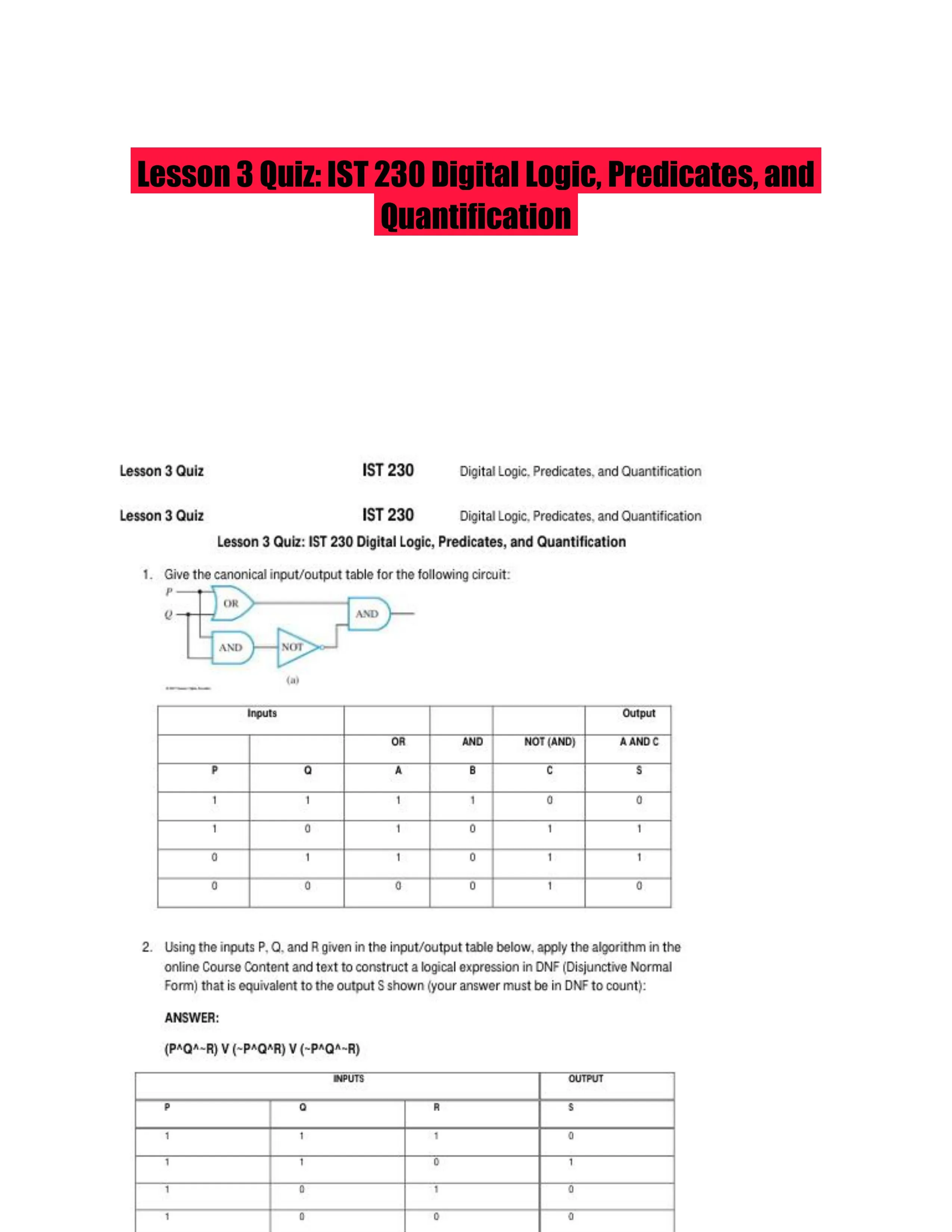 Lesson 3 Quiz: IST 230 Digital Logic, Predicates, and Quantification