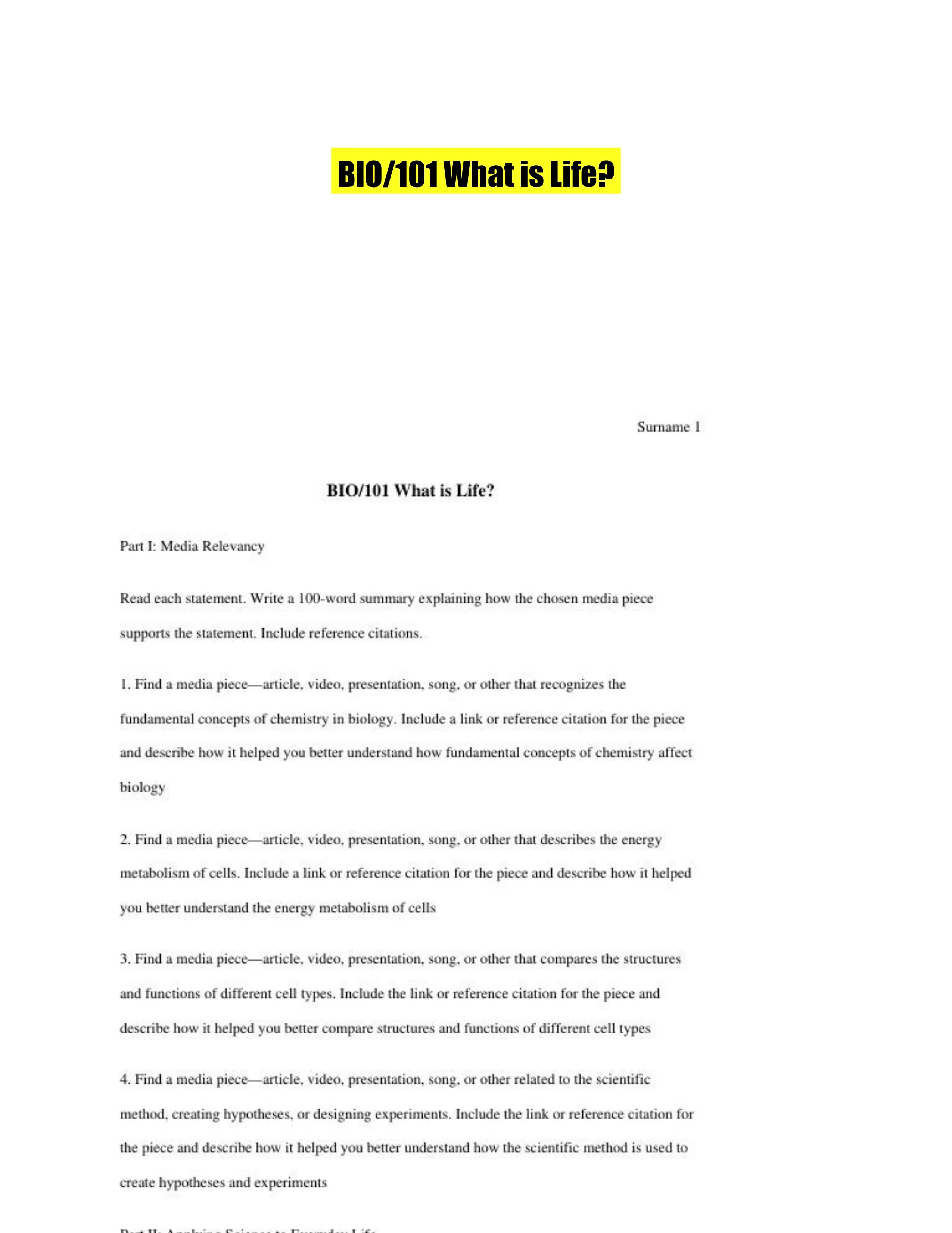 BIO/101 What is Life?