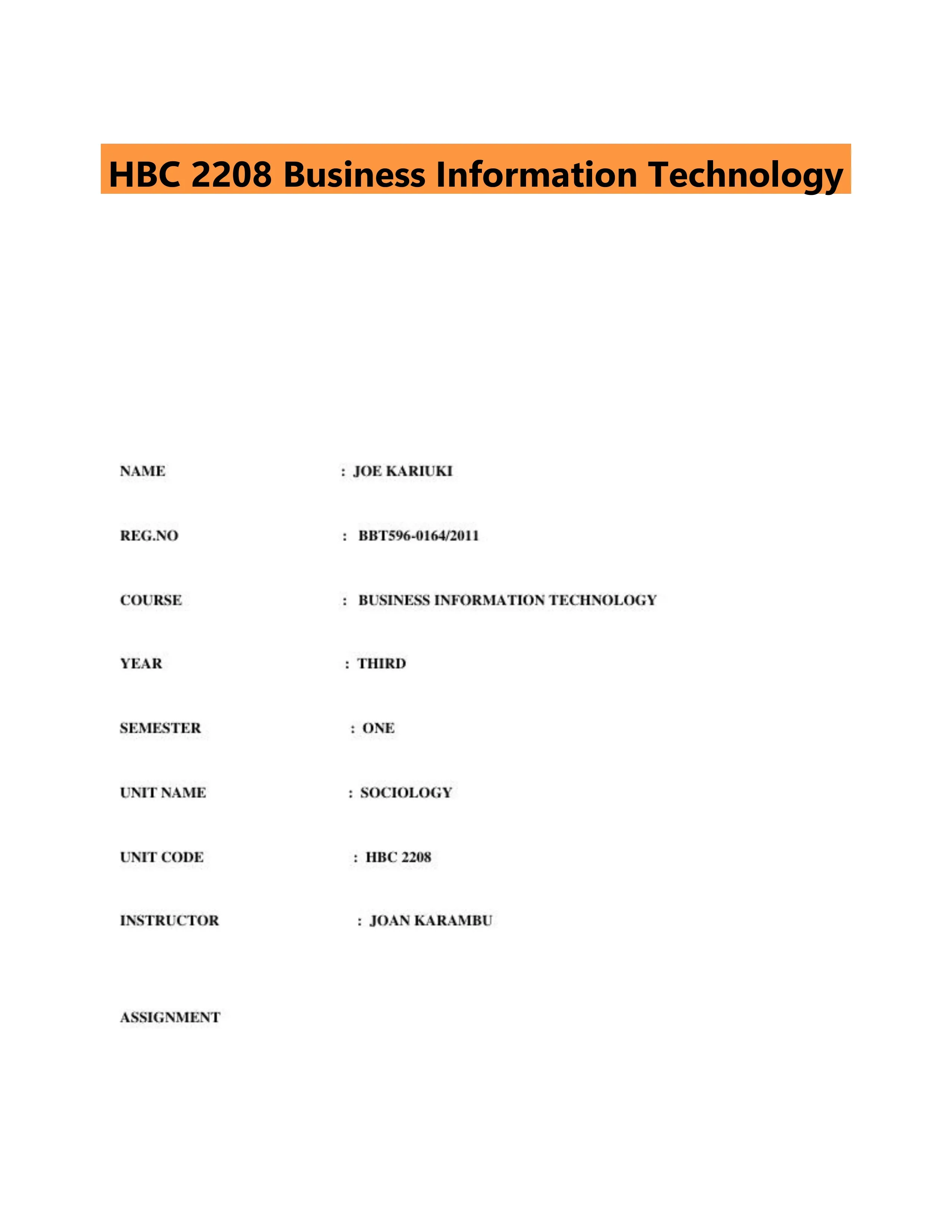 HBC 2208 Business Information Technology