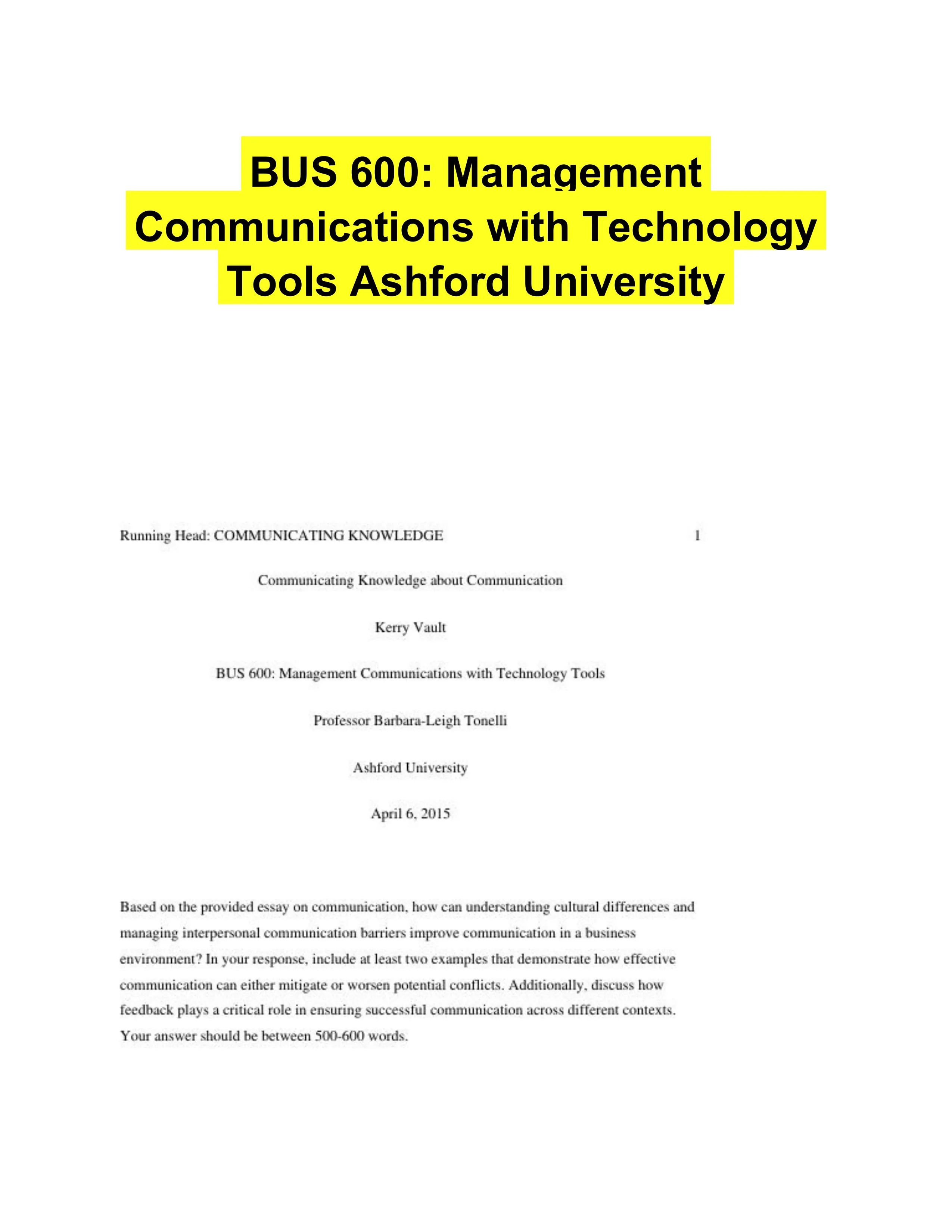 BUS 600: Management Communications with Technology Tools Ashford University