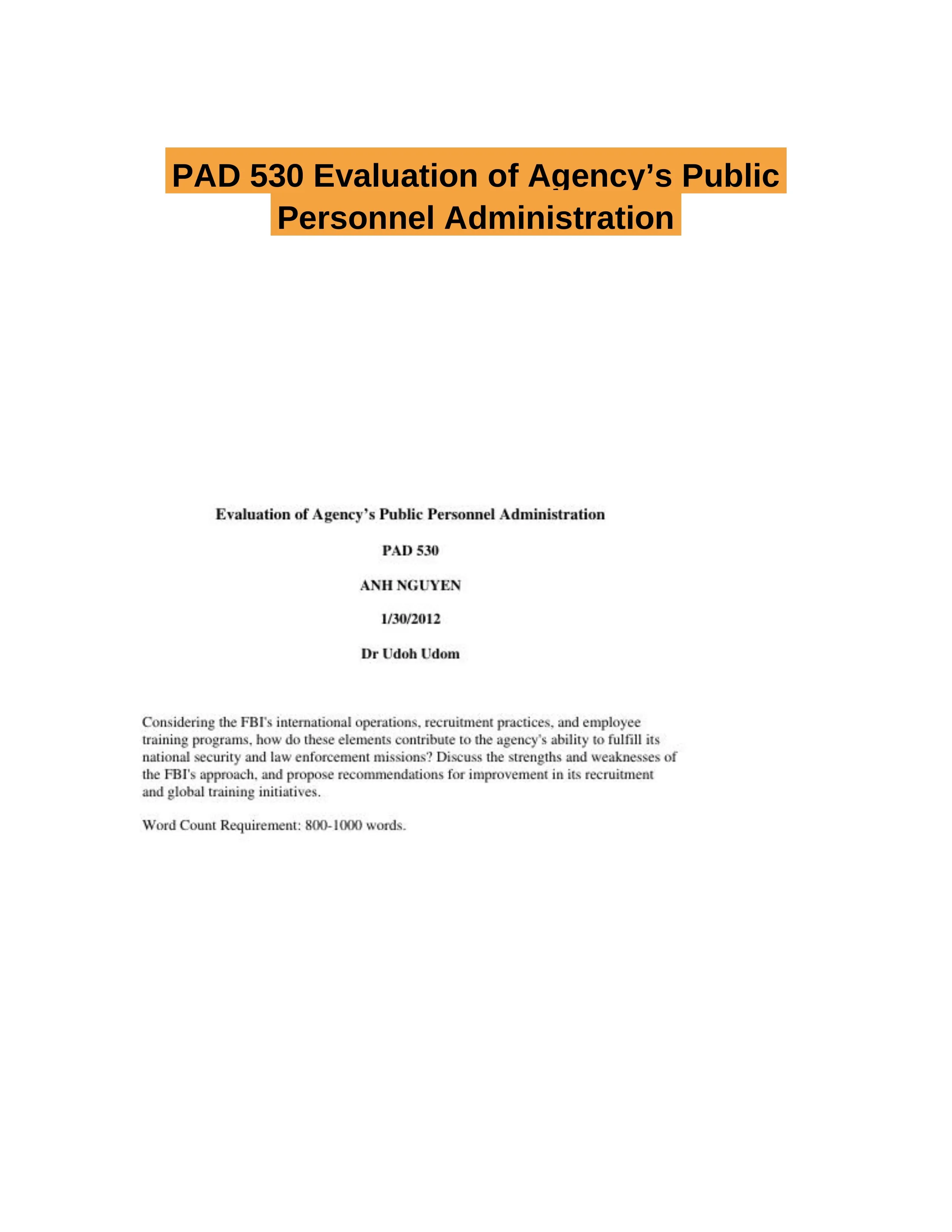 PAD 530 Evaluation of Agency�s Public Personnel Administration