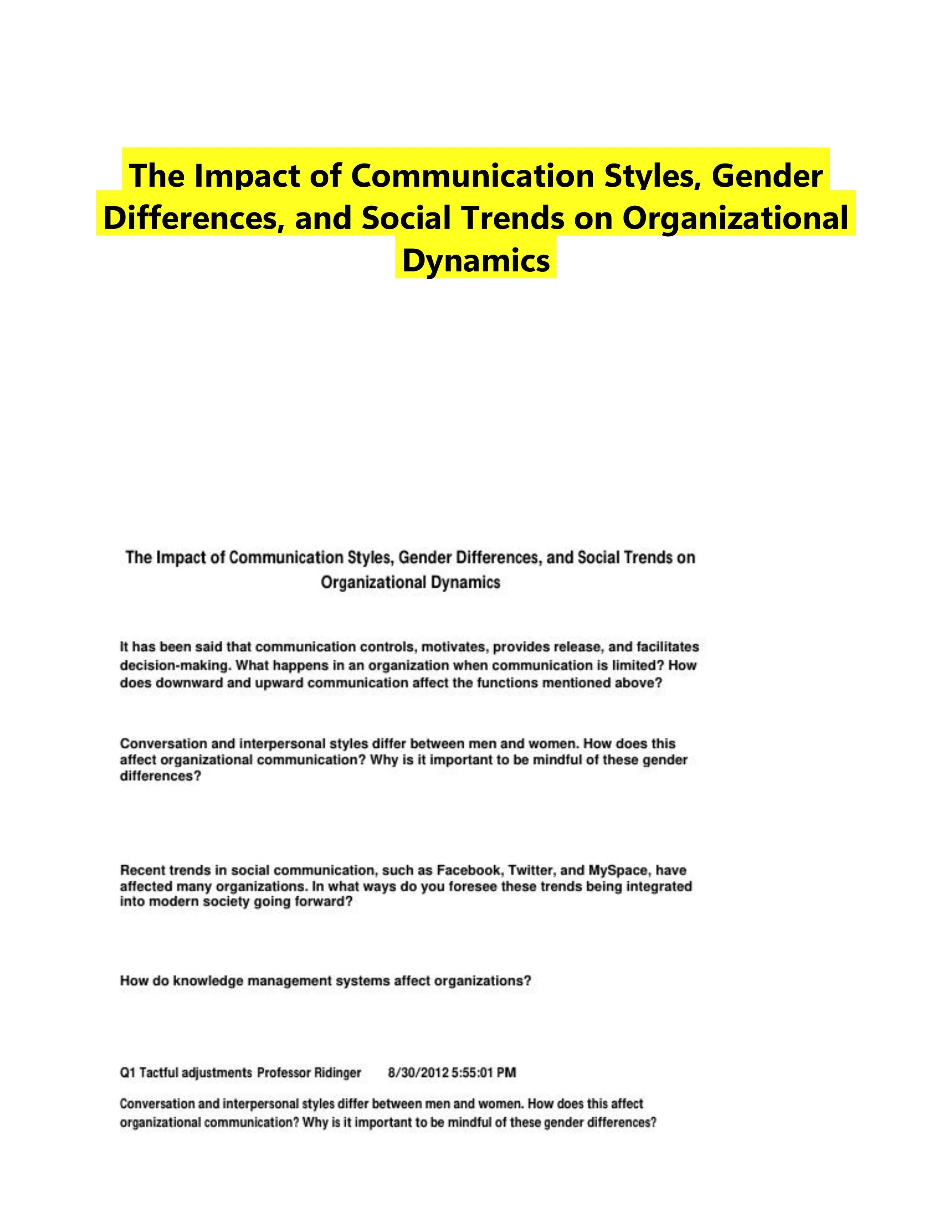 The Impact of Communication Styles, Gender Differences, and Social Trends on Organizational Dynamics