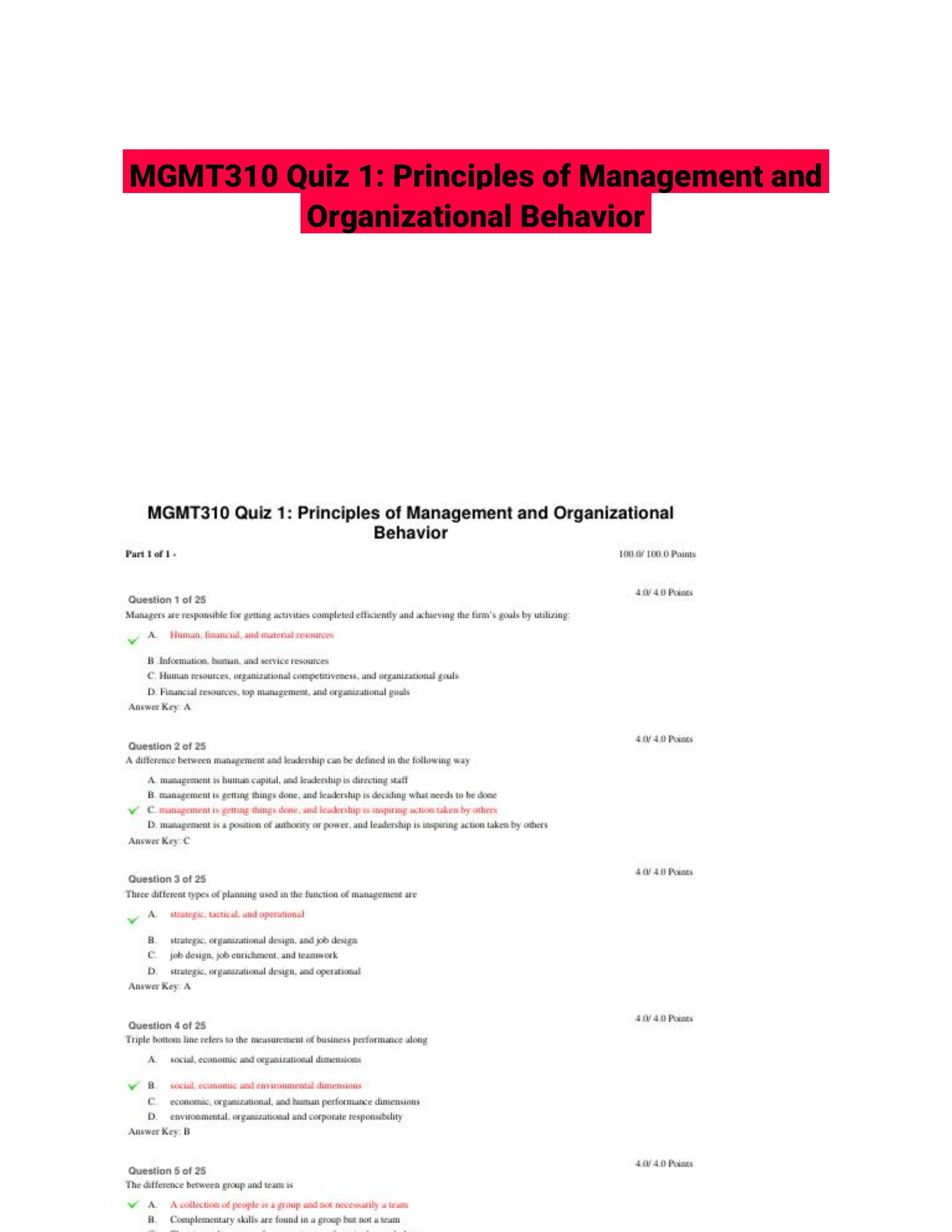 MGMT310 Quiz 1: Principles of Management and Organizational Behavior