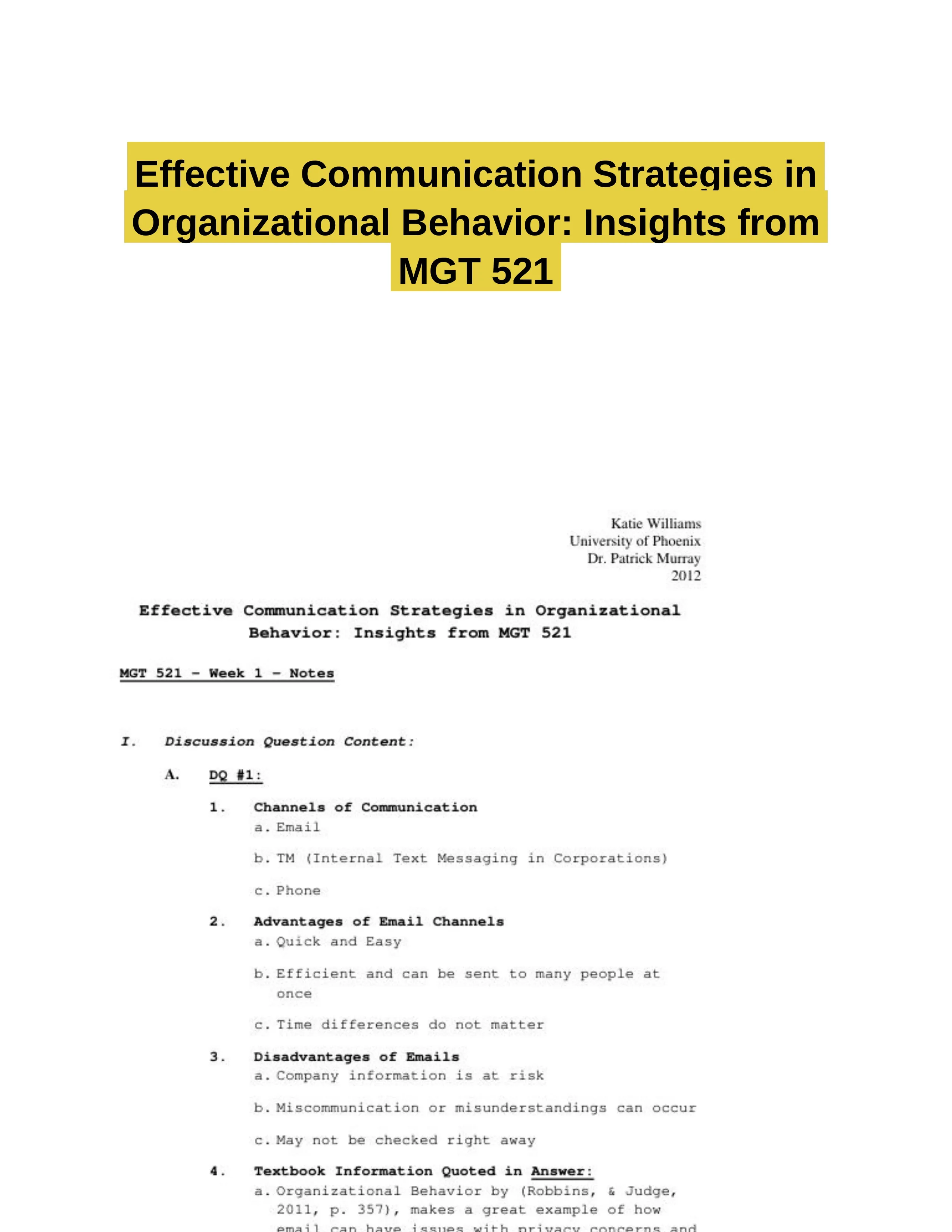 Effective Communication Strategies in Organizational Behavior: Insights from MGT 521