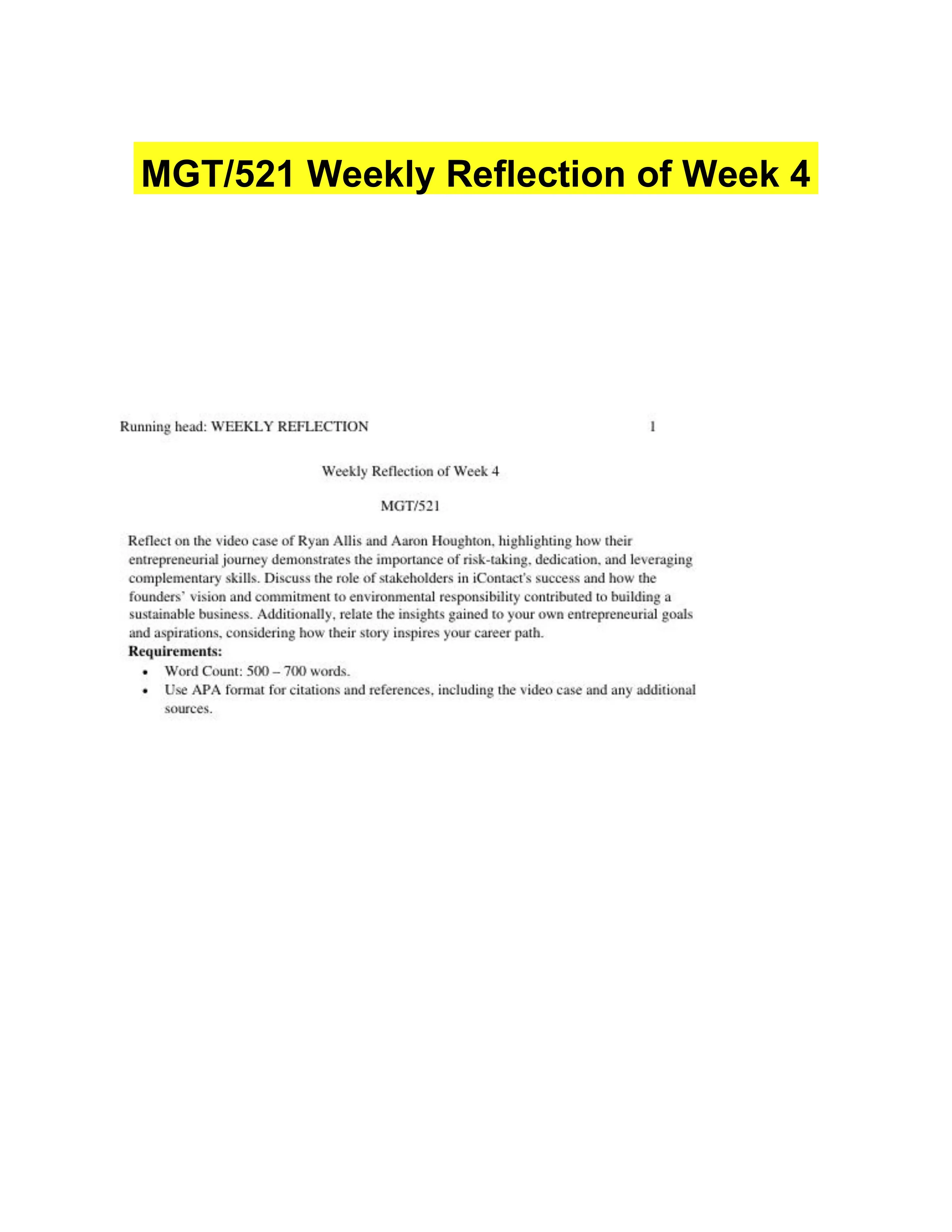MGT/521 Weekly Reflection of Week 4