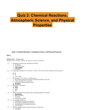 Quiz 2: Chemical Reactions, Atmospheric Science, and Physical Properties