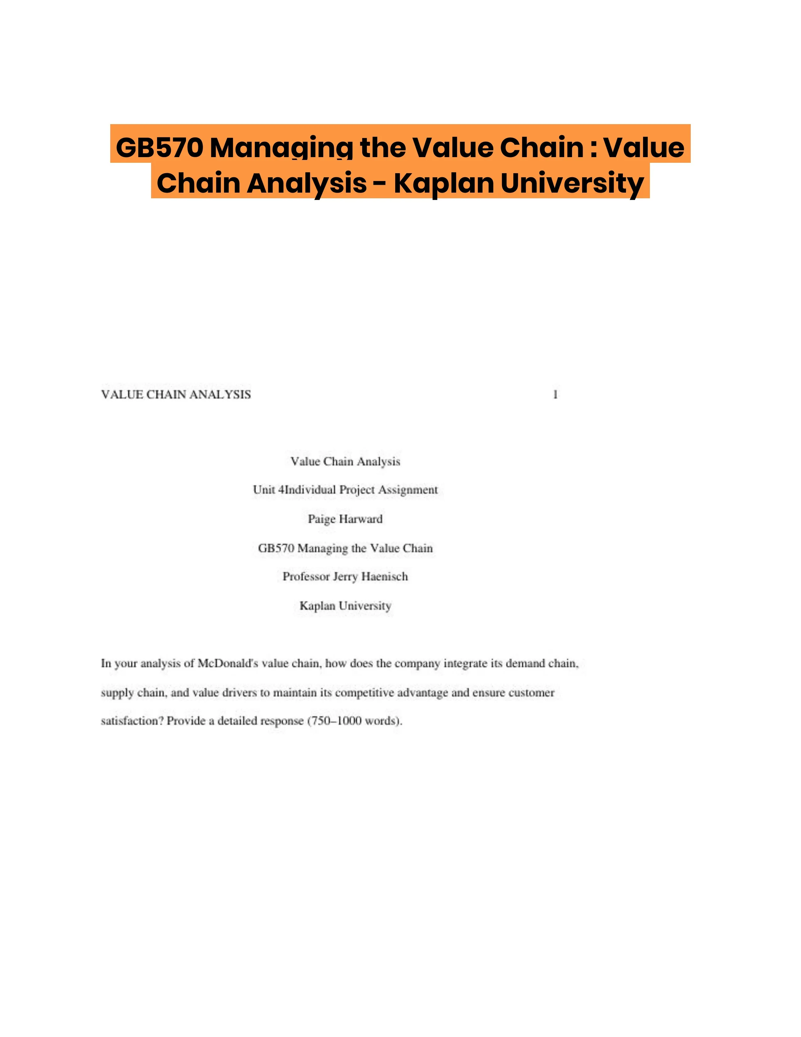 GB570 Managing the Value Chain : Value Chain Analysis - Kaplan University