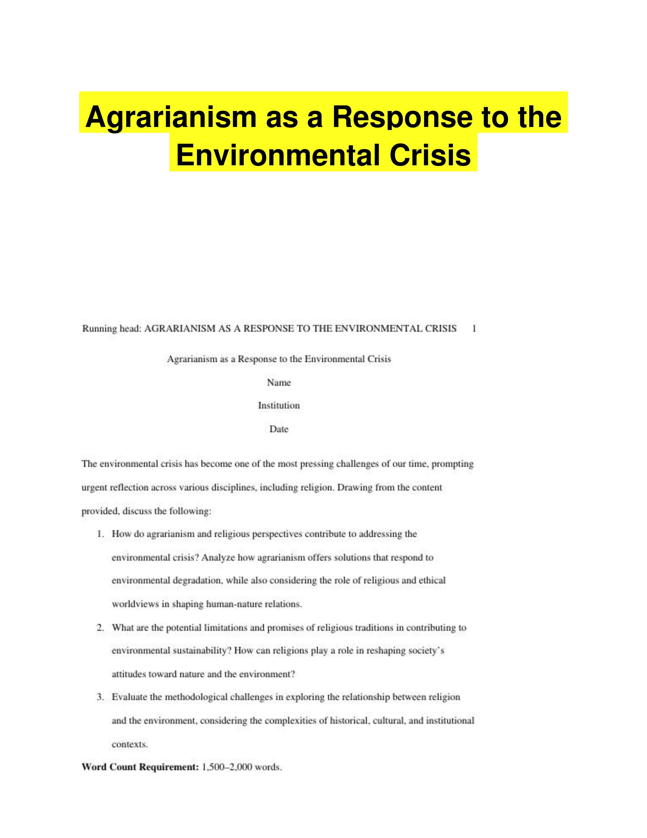 Agrarianism as a Response to the Environmental Crisis