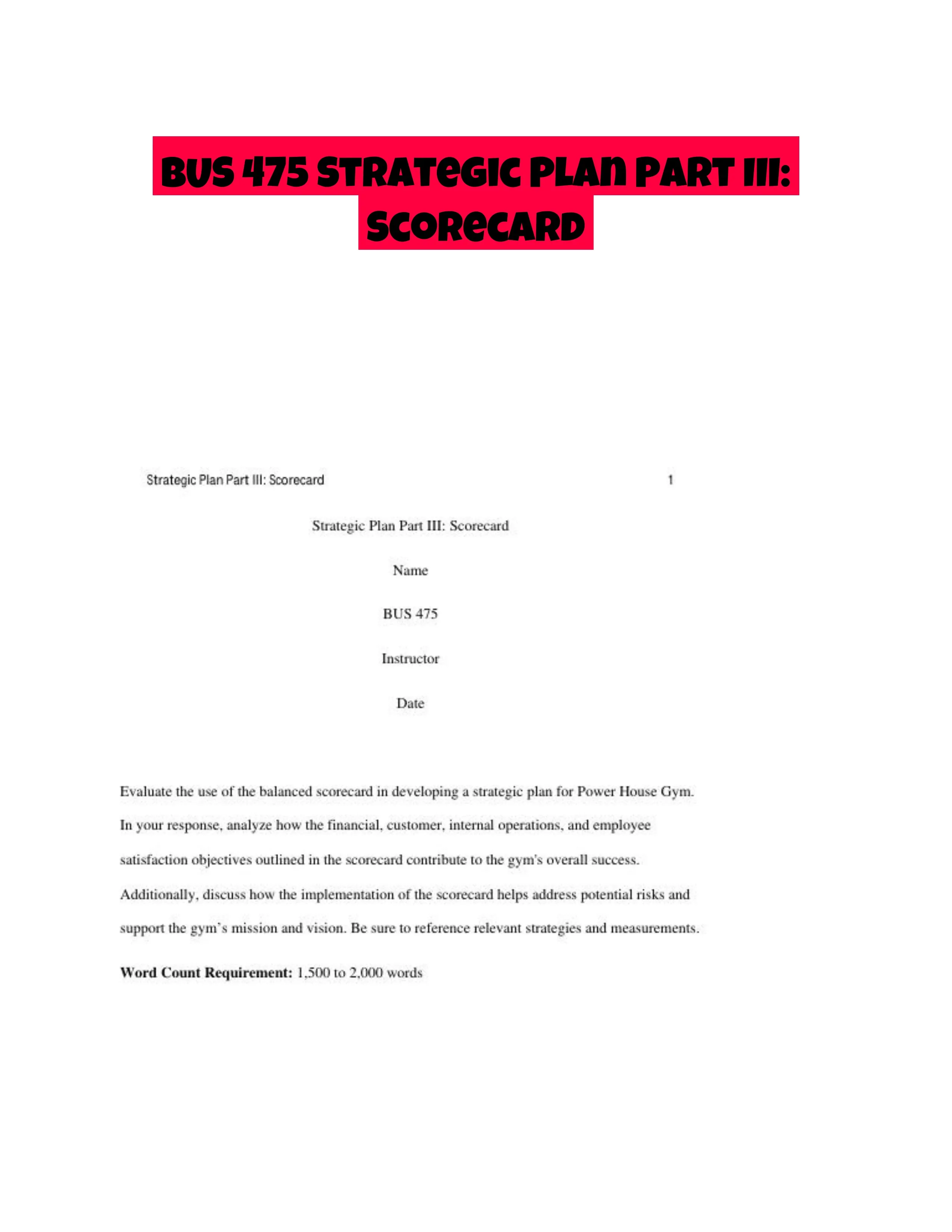 BUS 475 Strategic Plan Part III: Scorecard