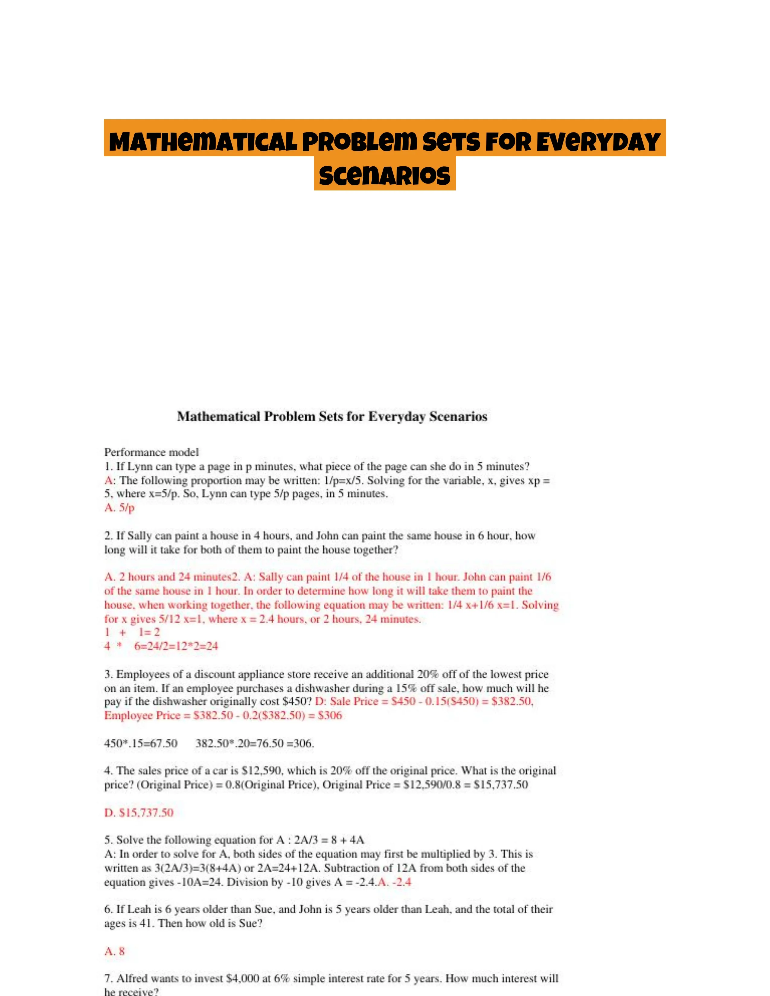 Mathematical Problem Sets for Everyday Scenarios
