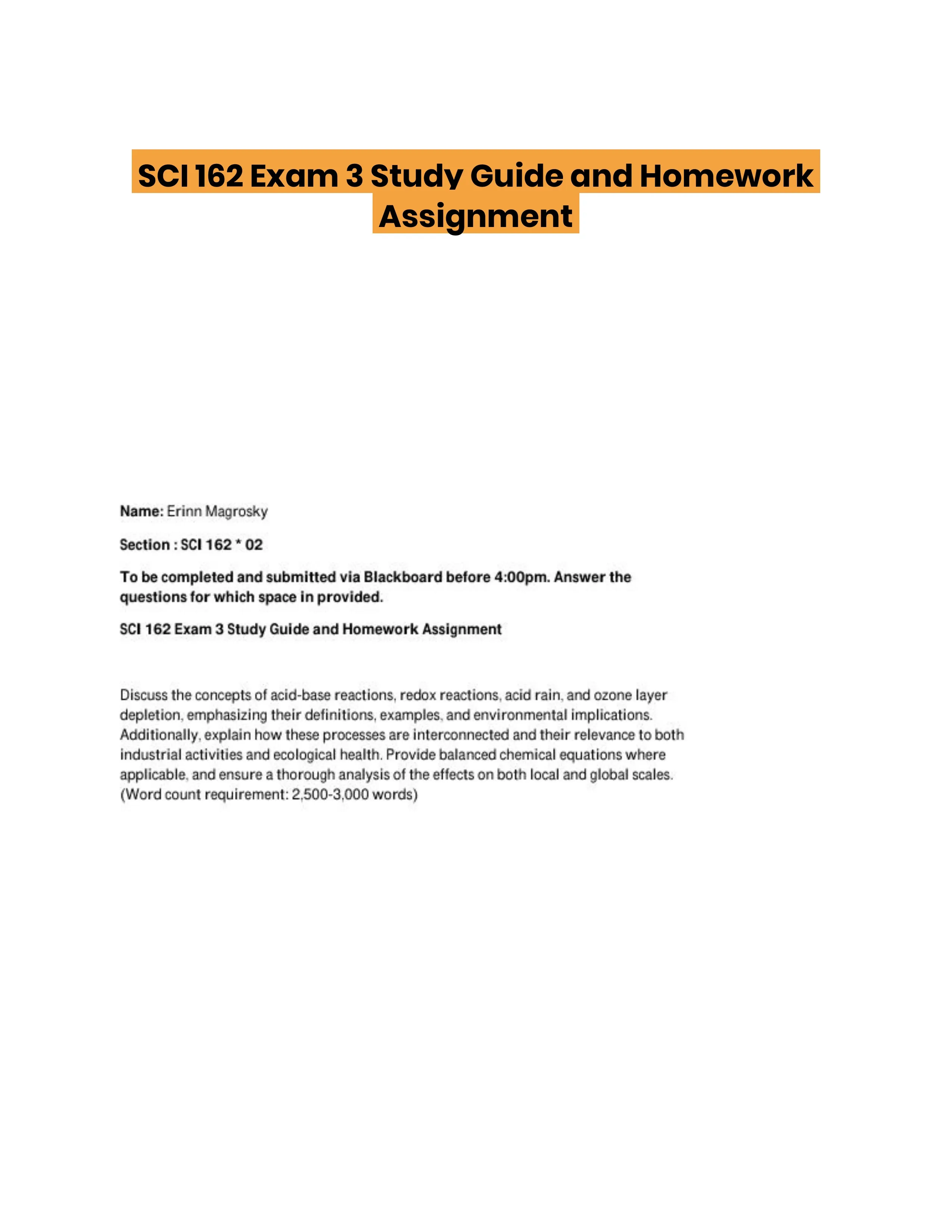 SCI 162 Exam 3 Study Guide and Homework Assignment