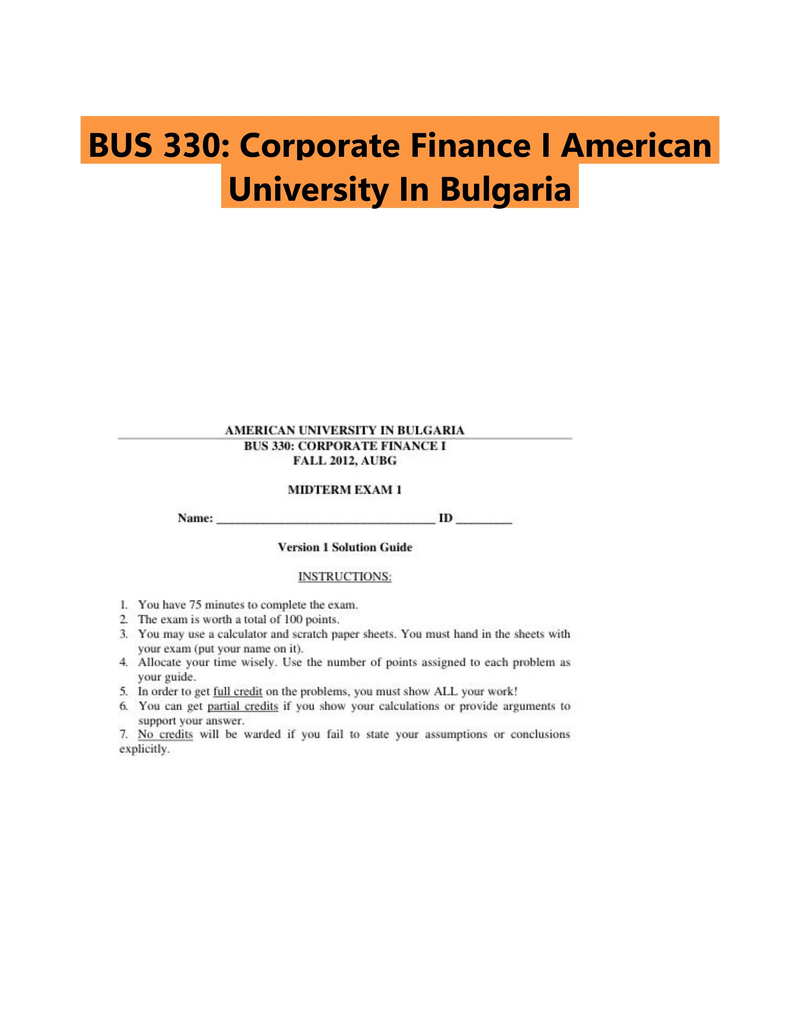 BUS 330: Corporate Finance I American University In Bulgaria