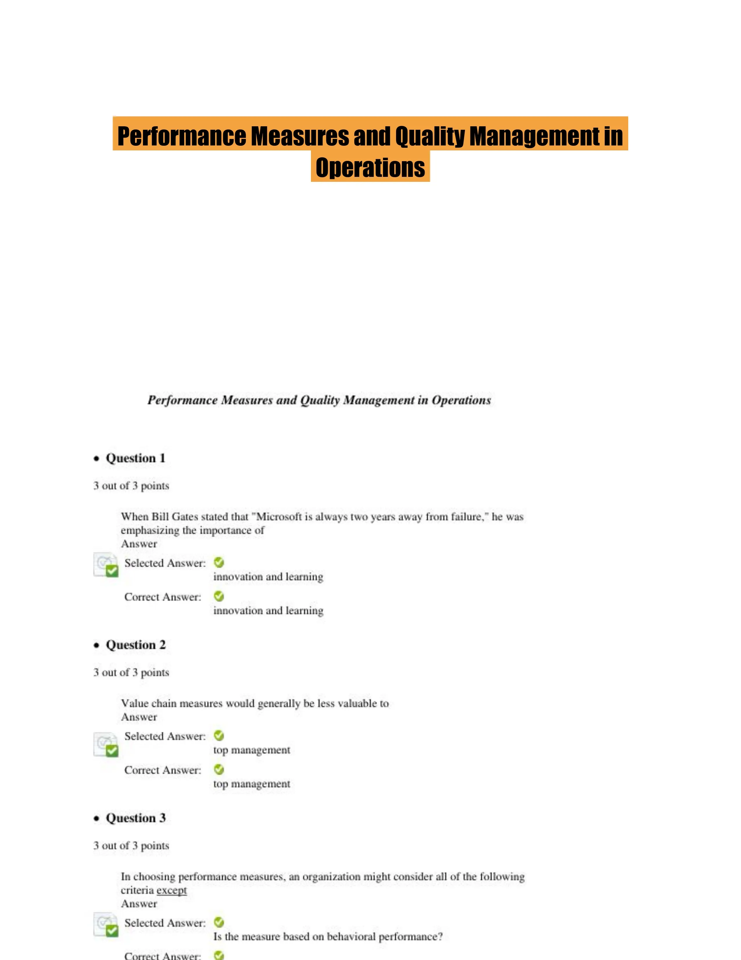 Performance Measures and Quality Management in Operations