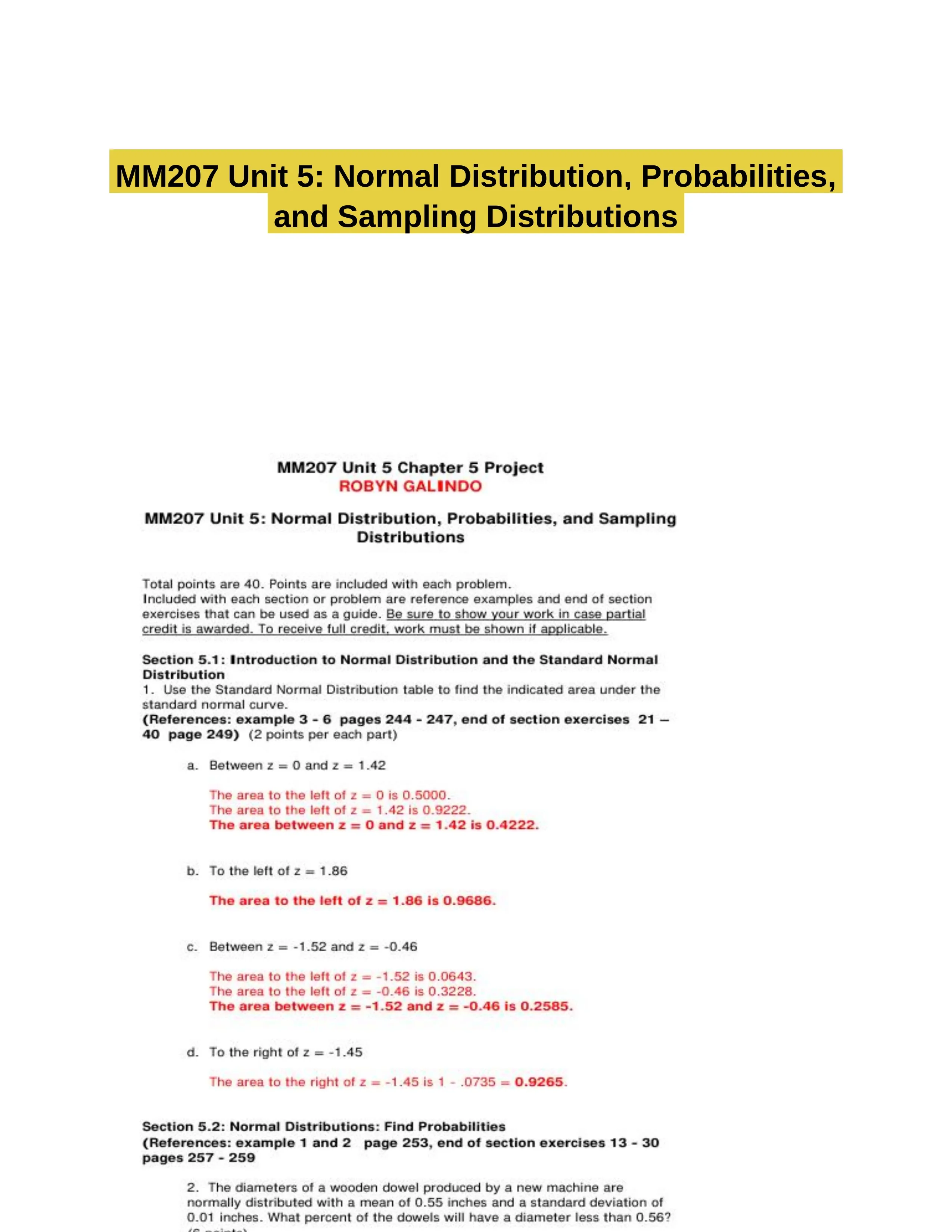 MM207 Unit 5: Normal Distribution, Probabilities, and Sampling Distributions