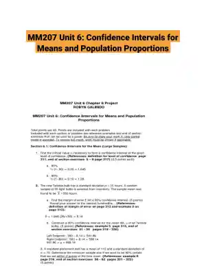 MM207 Unit 6: Confidence Intervals for Means and Population Proportions