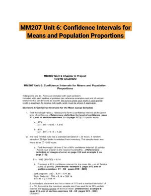 MM207 Unit 6: Confidence Intervals for Means and Population Proportions