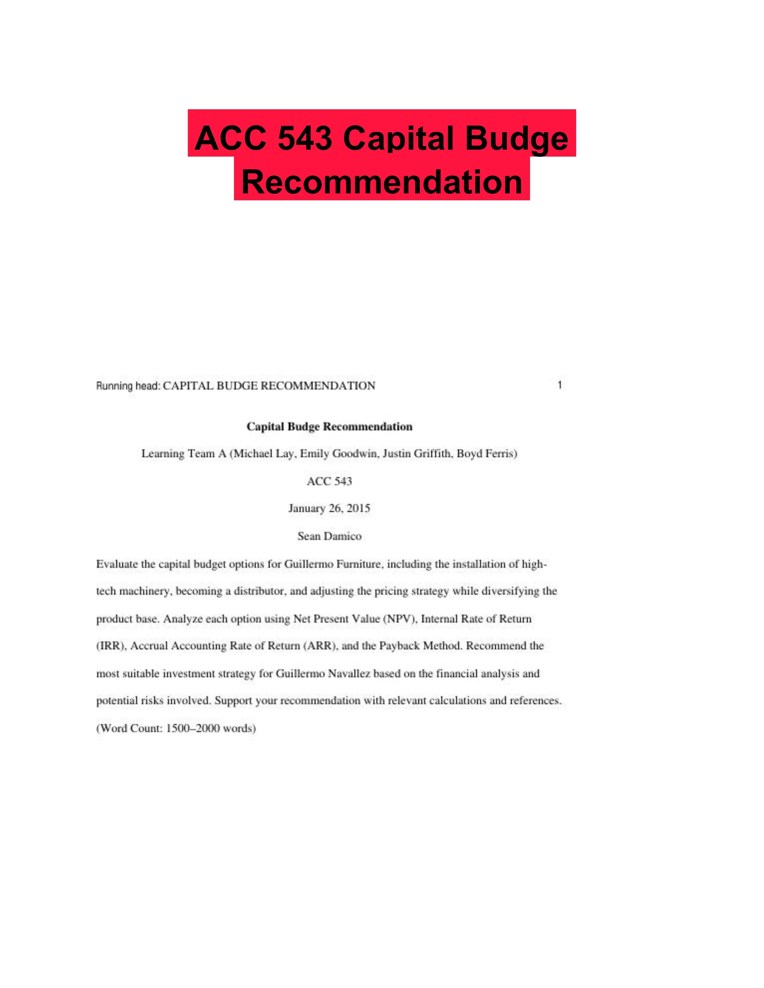 ACC 543 Capital Budge Recommendation