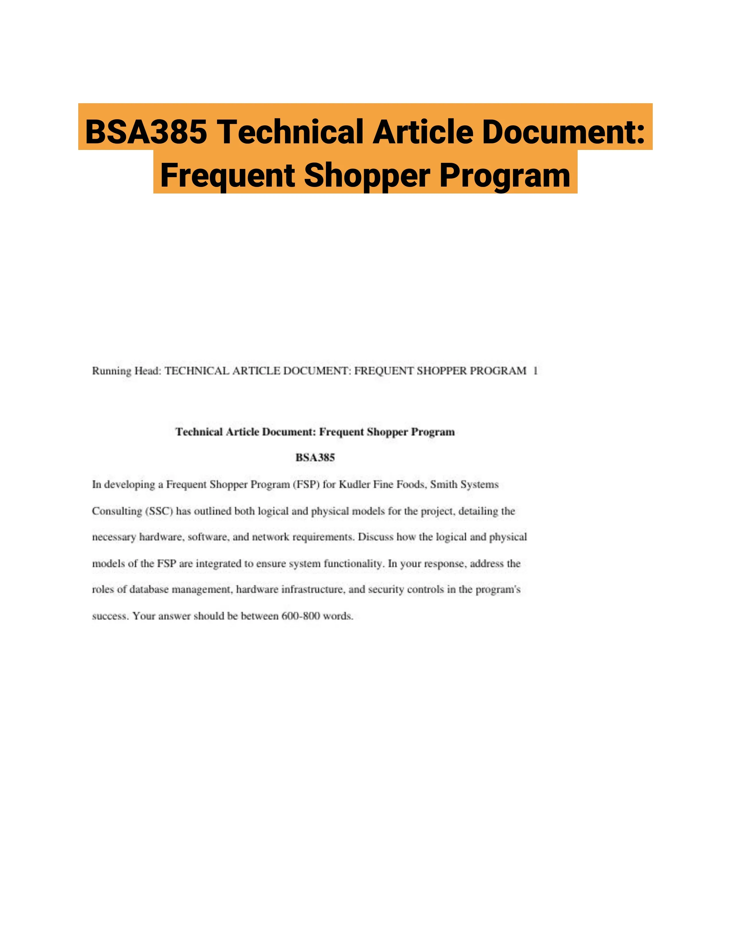 BSA385 Technical Article Document: Frequent Shopper Program