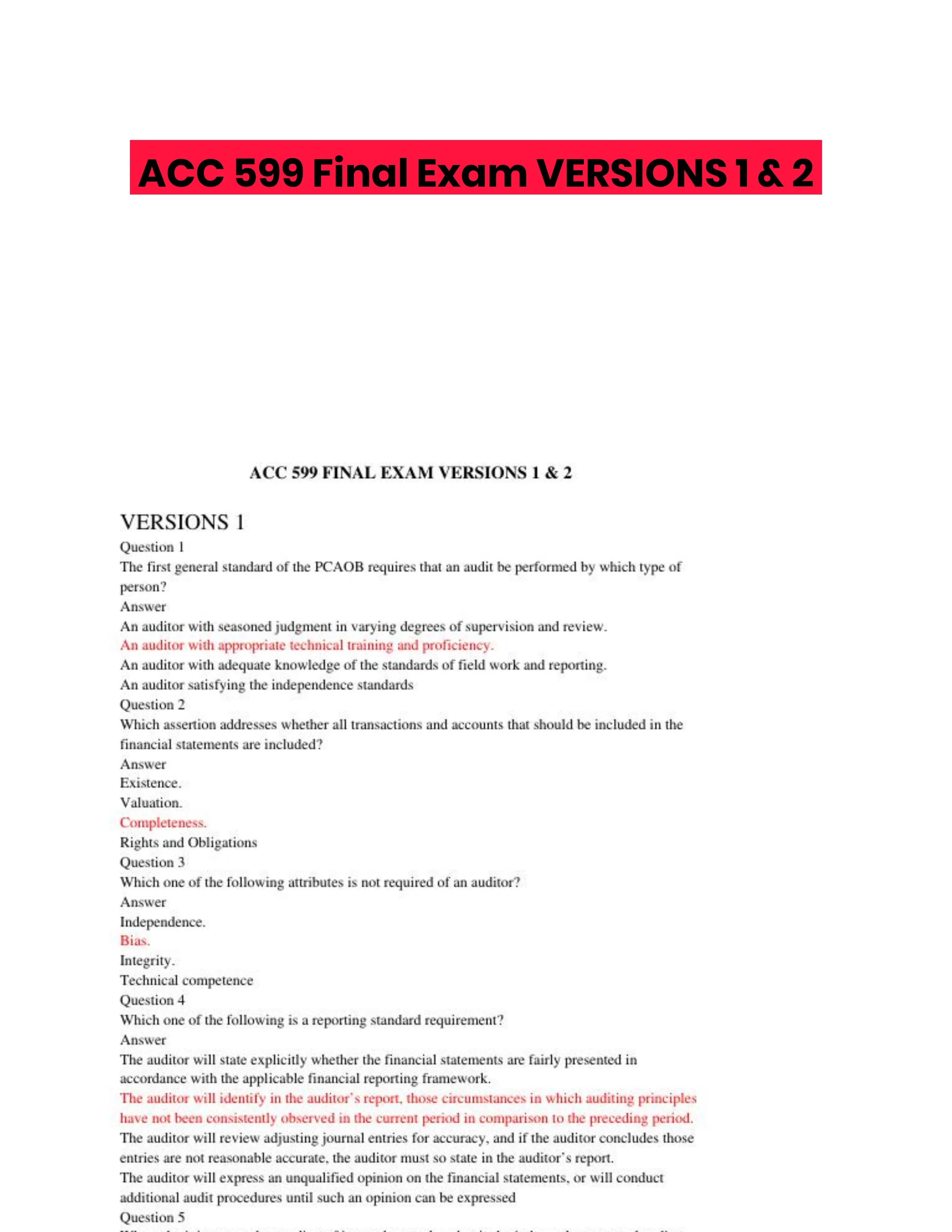 ACC 599 Final Exam VERSIONS 1 & 2