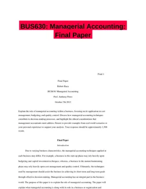 BUS630: Managerial Accounting: Final Paper