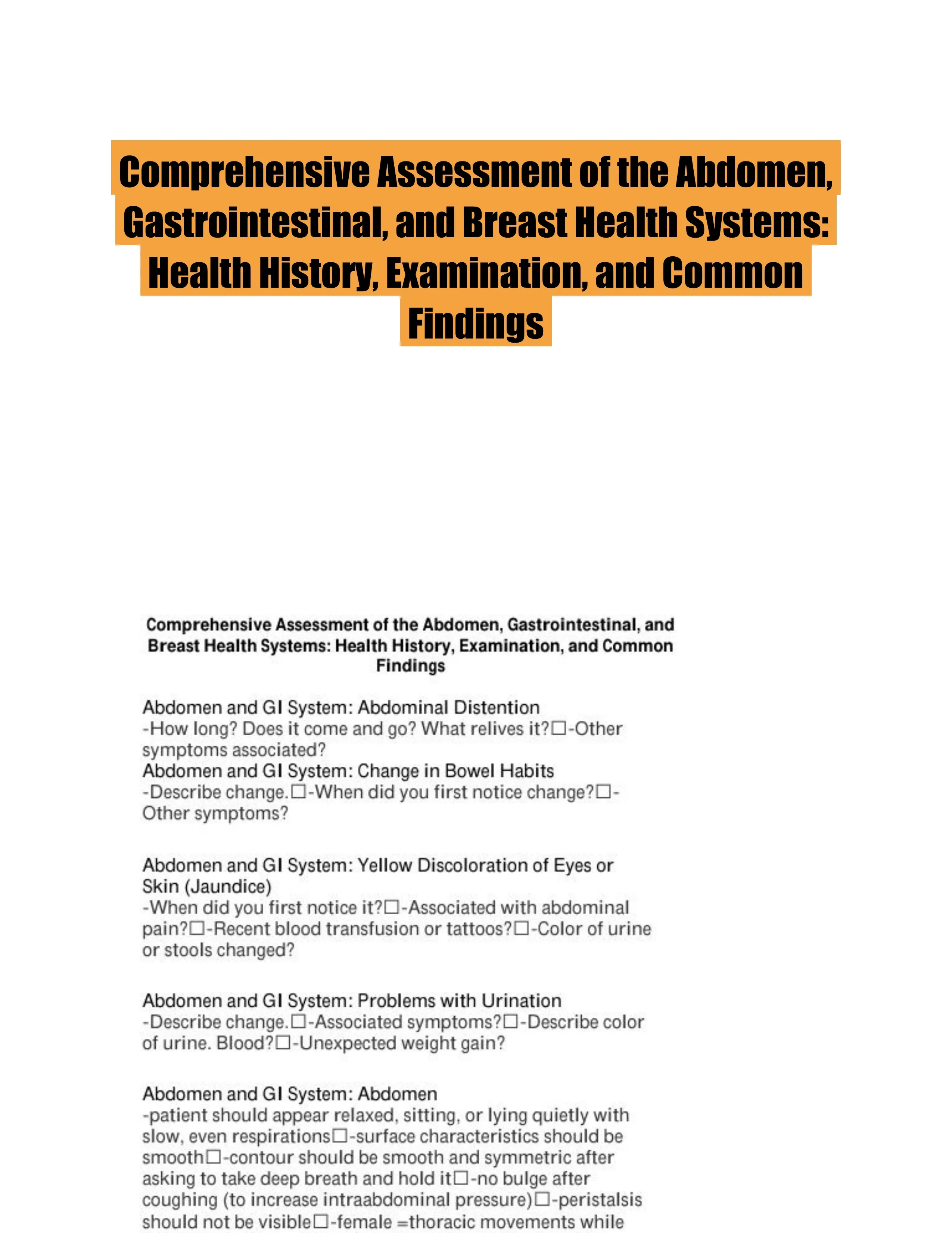 Comprehensive Assessment of the Abdomen, Gastrointestinal, and Breast Health Systems: Health History, Examination, and Common Findings