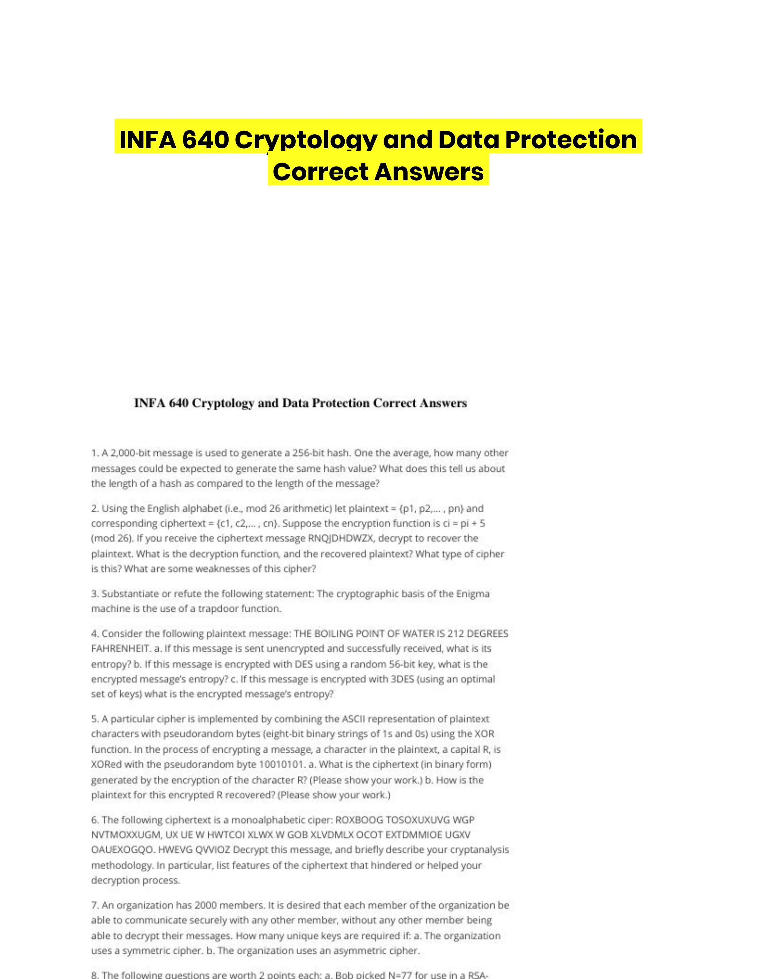 INFA 640 Cryptology and Data Protection Correct Answers