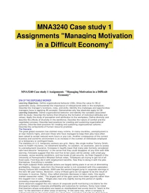 MNA3240 Case study 1 Assignments "Managing Motivation in a Difficult Economy"