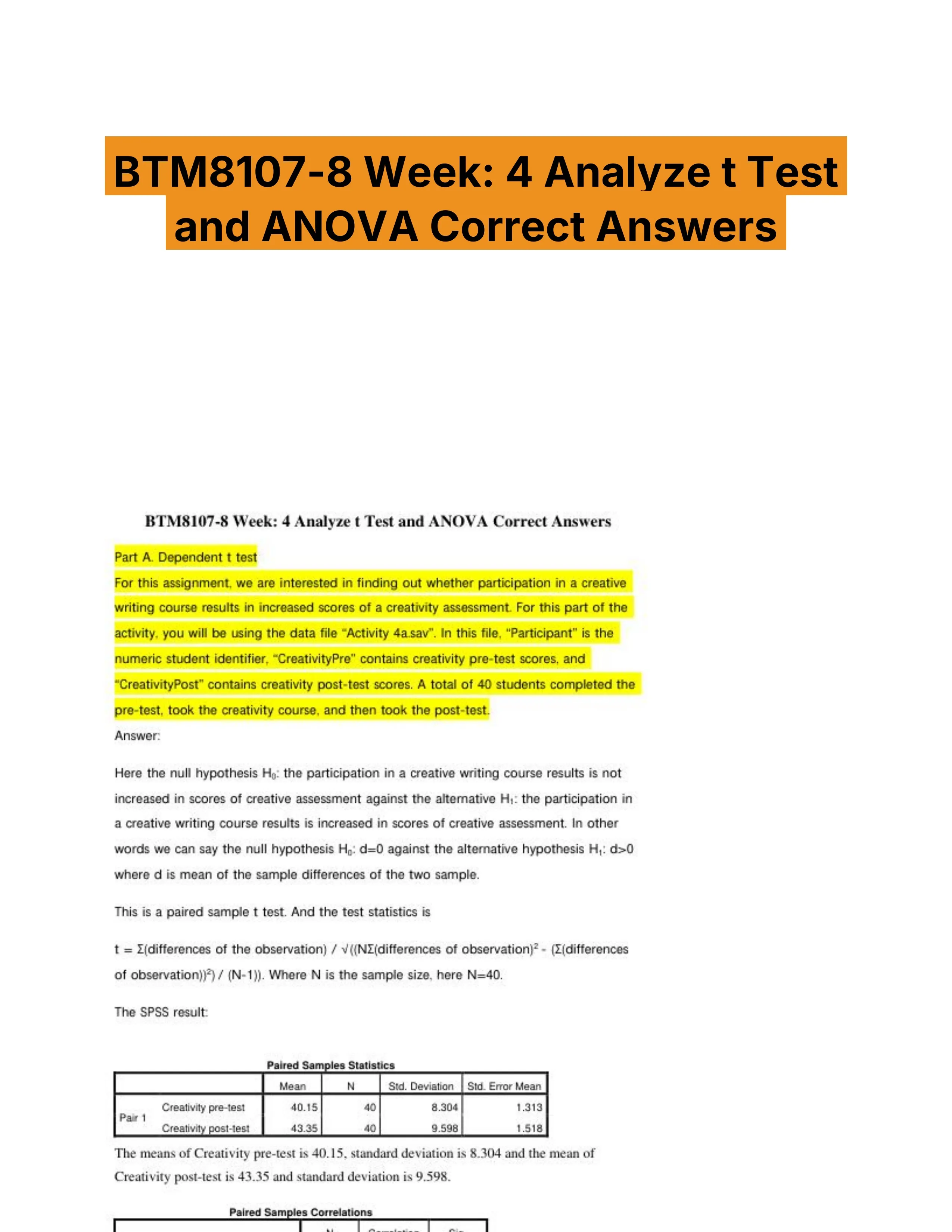 BTM8107-8 Week: 4 Analyze t Test and ANOVA Correct Answers