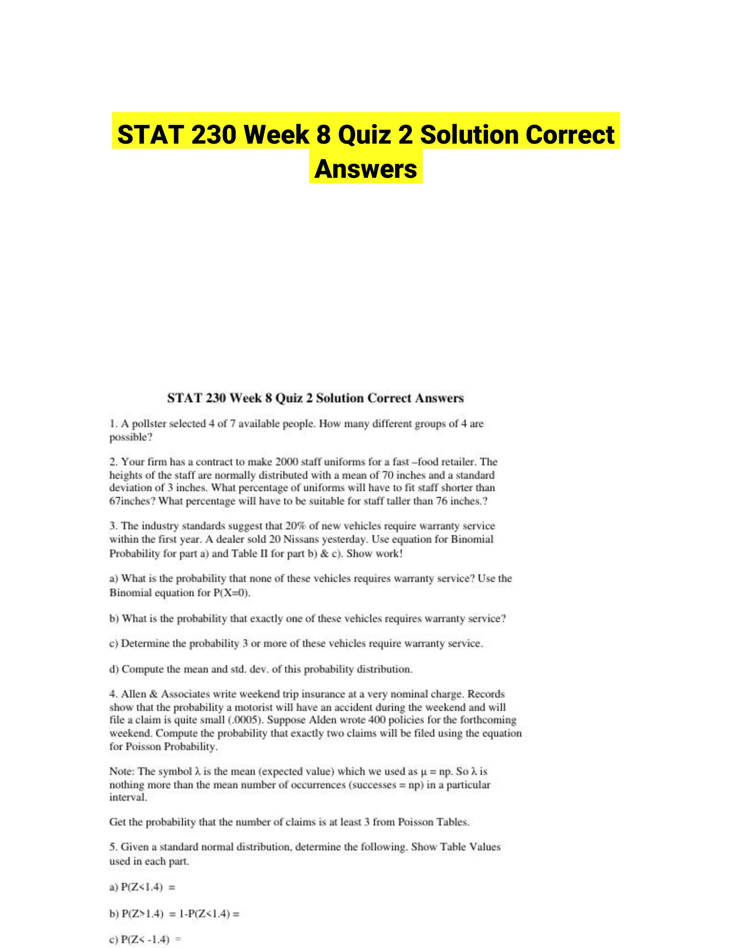 STAT 230 Week 8 Quiz 2 Solution Correct Answers