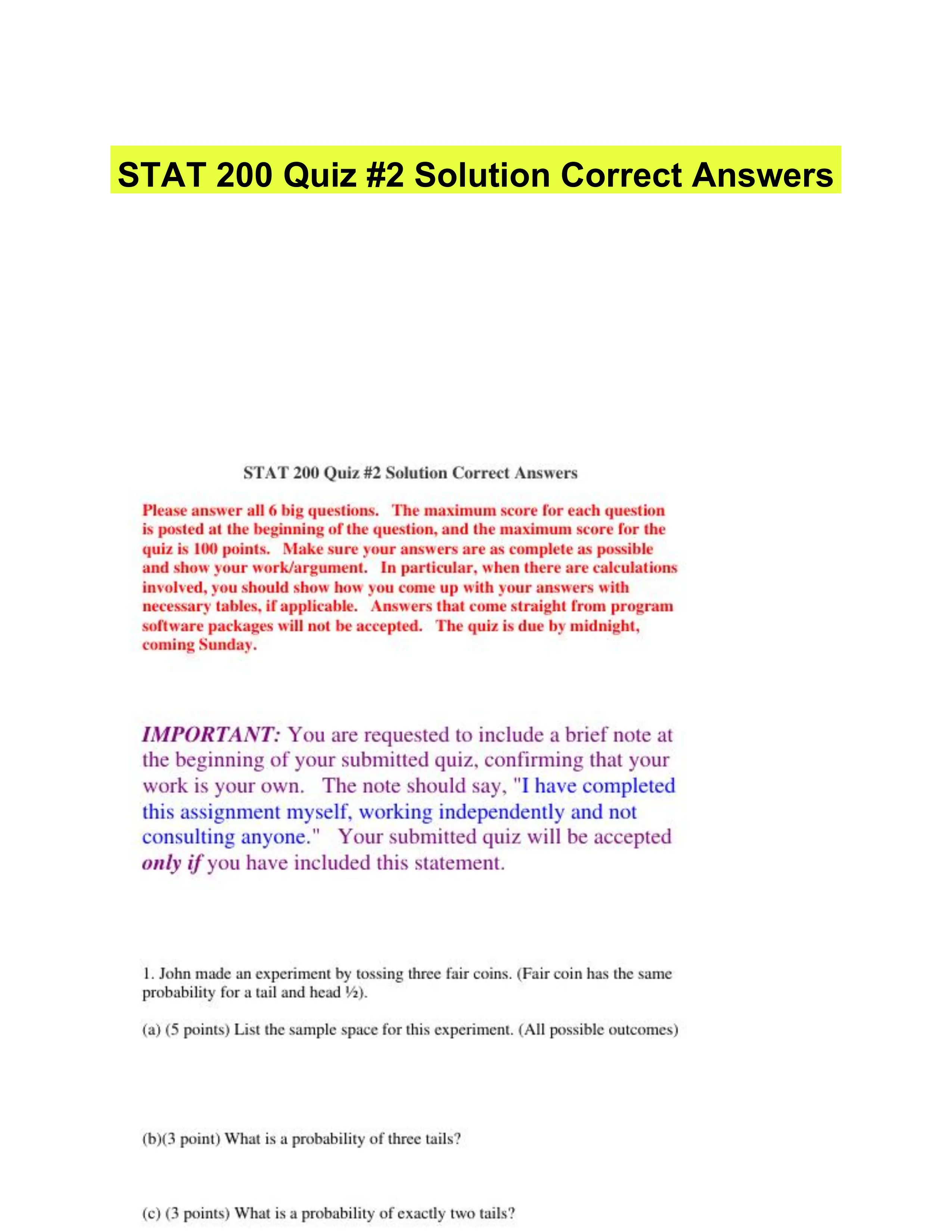 STAT 200 Quiz #2 Solution Correct Answers