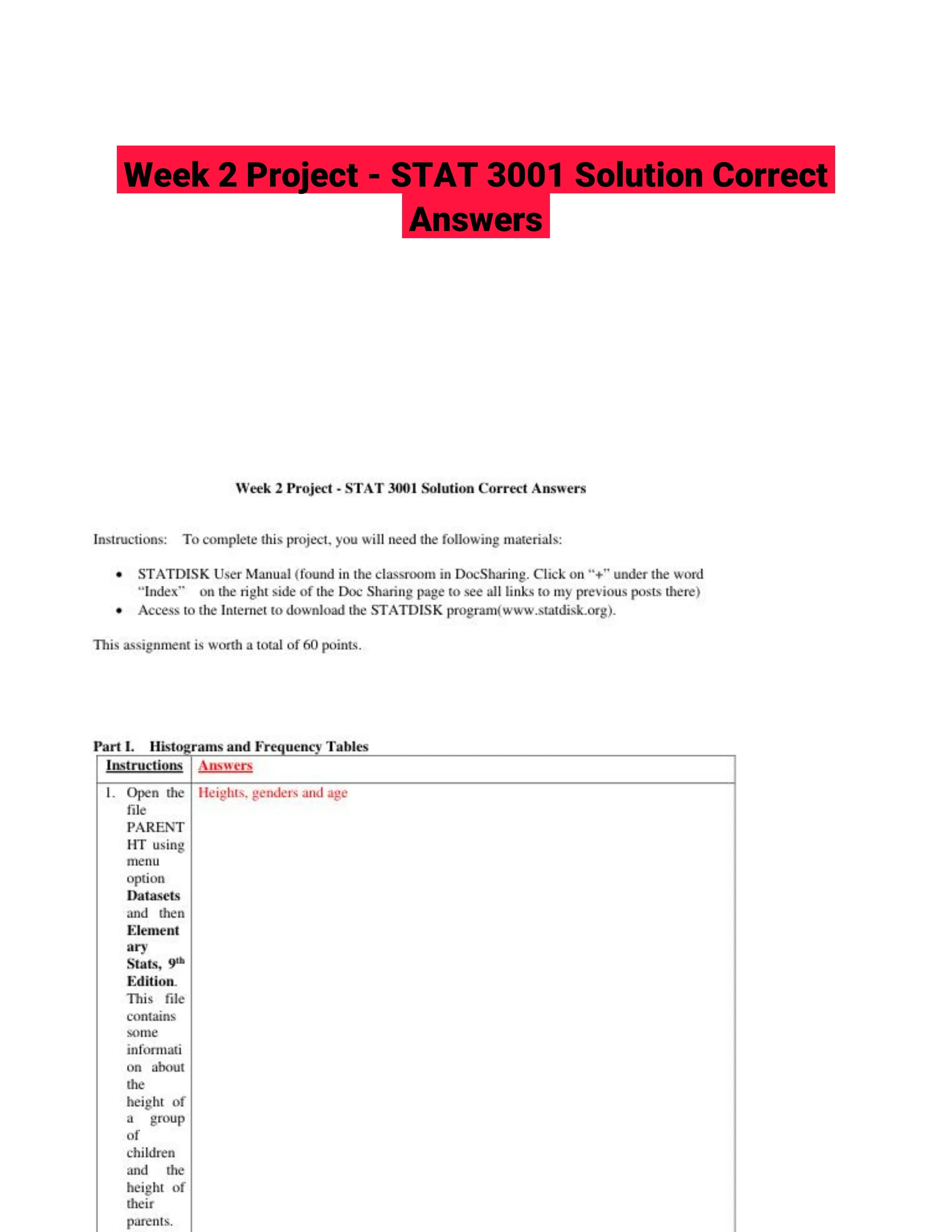 Week 2 Project - STAT 3001 Solution Correct Answers