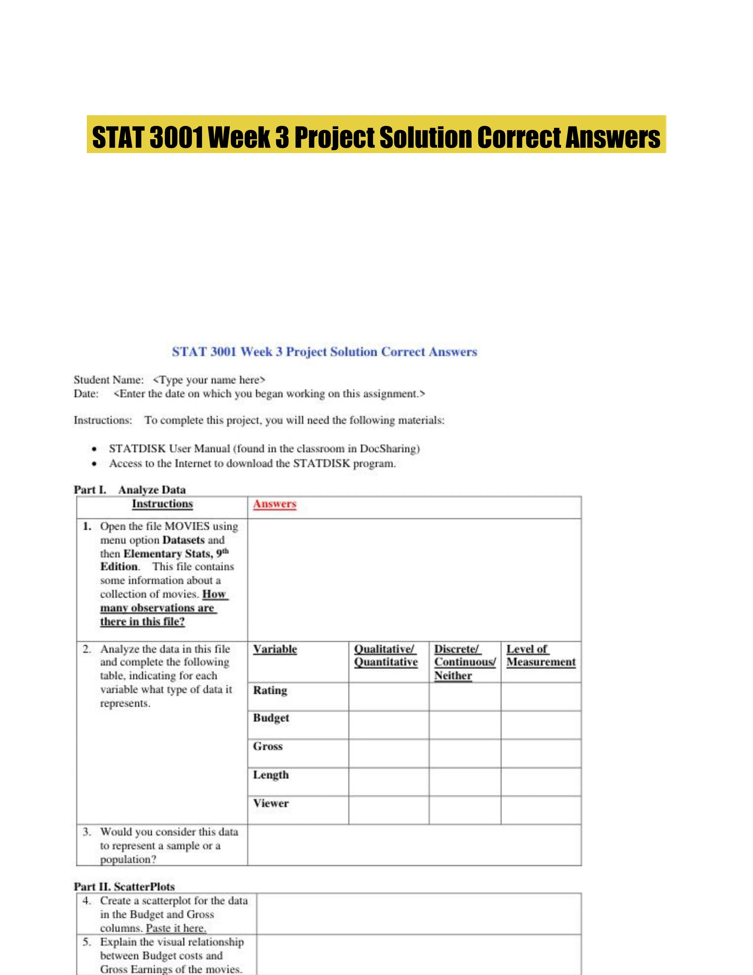 STAT 3001 Week 3 Project Solution Correct Answers