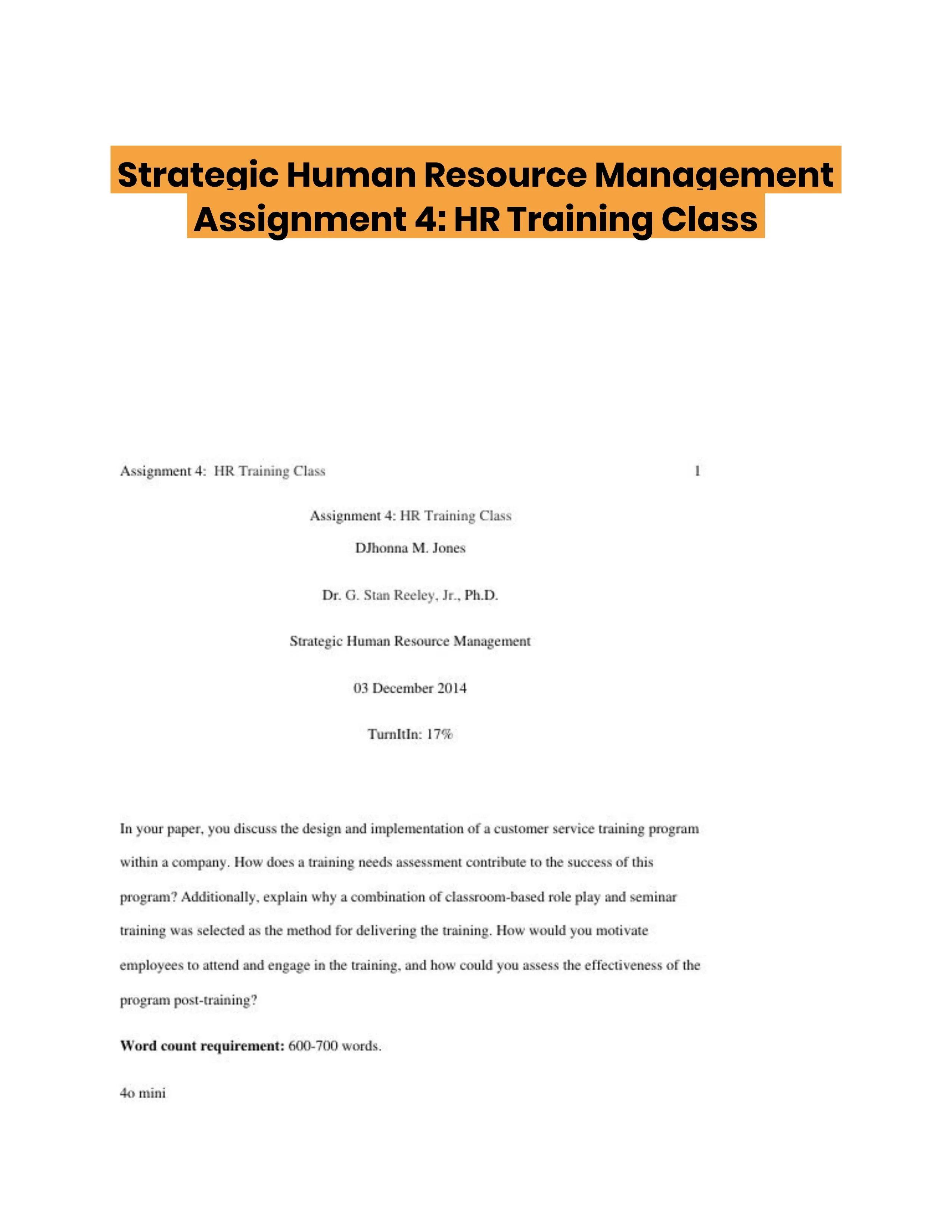 Strategic Human Resource Management Assignment 4: HR Training Class