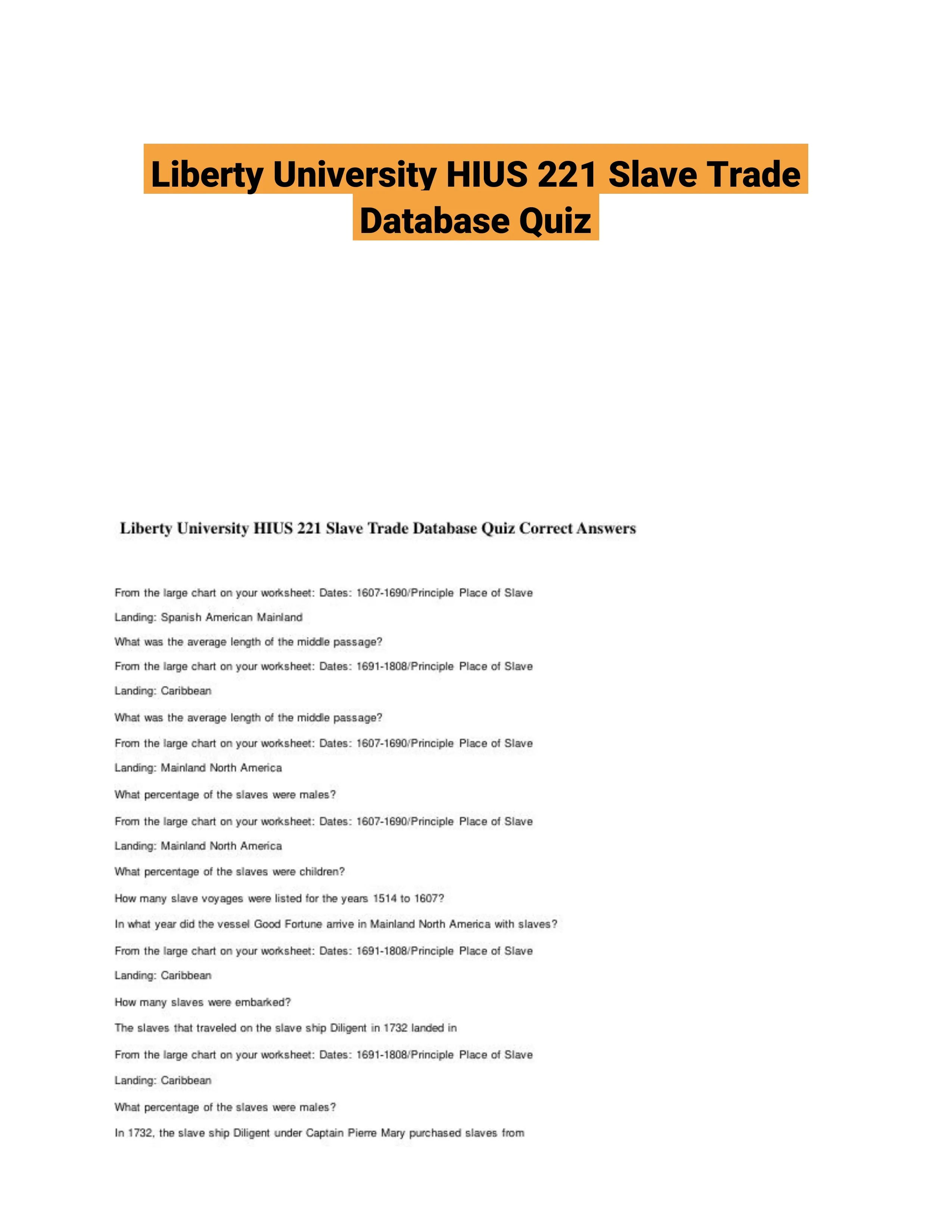 Liberty University HIUS 221 Slave Trade Database Quiz