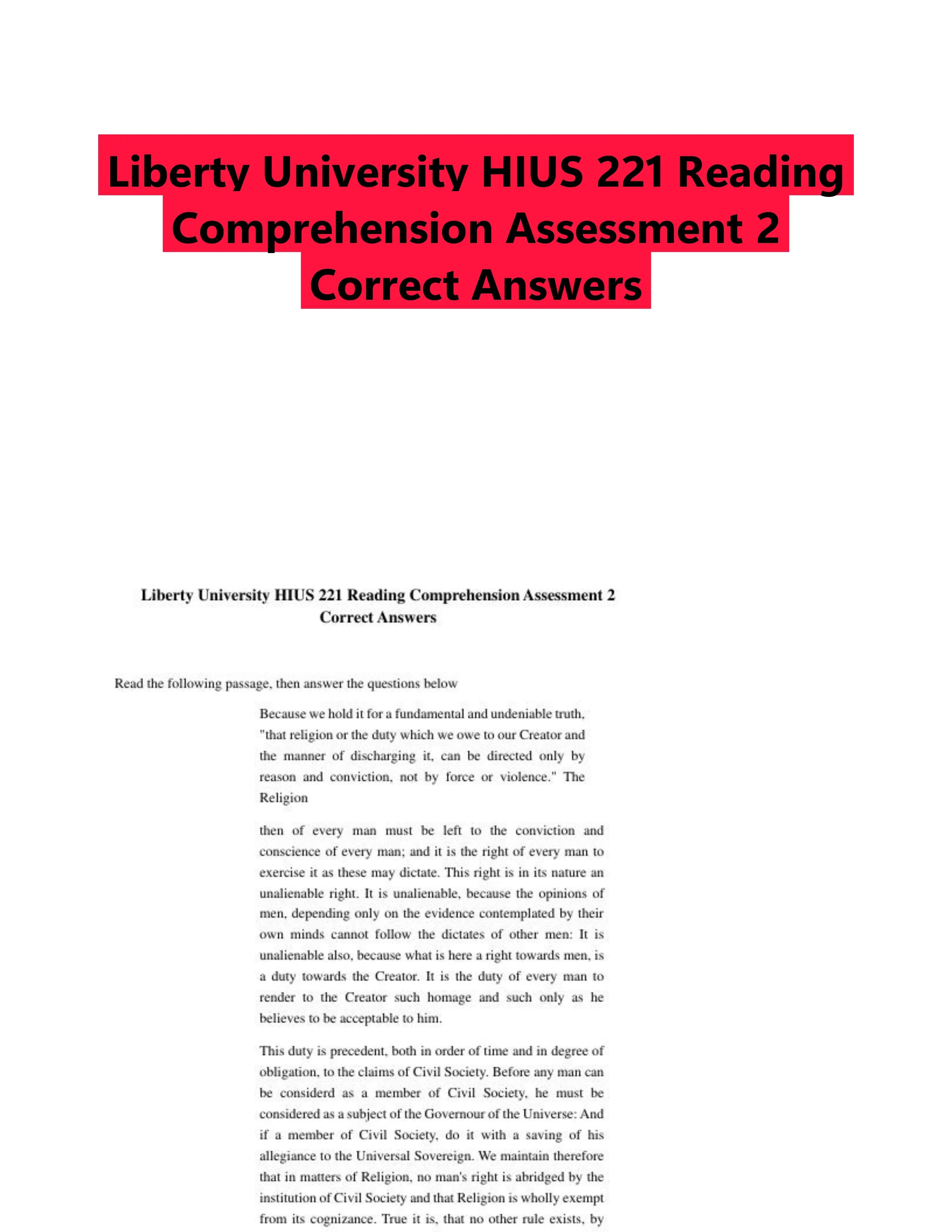 Liberty University HIUS 221 Reading Comprehension Assessment 2 Correct Answers