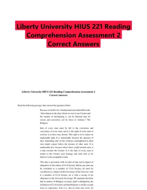 Liberty University HIUS 221 Reading Comprehension Assessment 2 Correct Answers