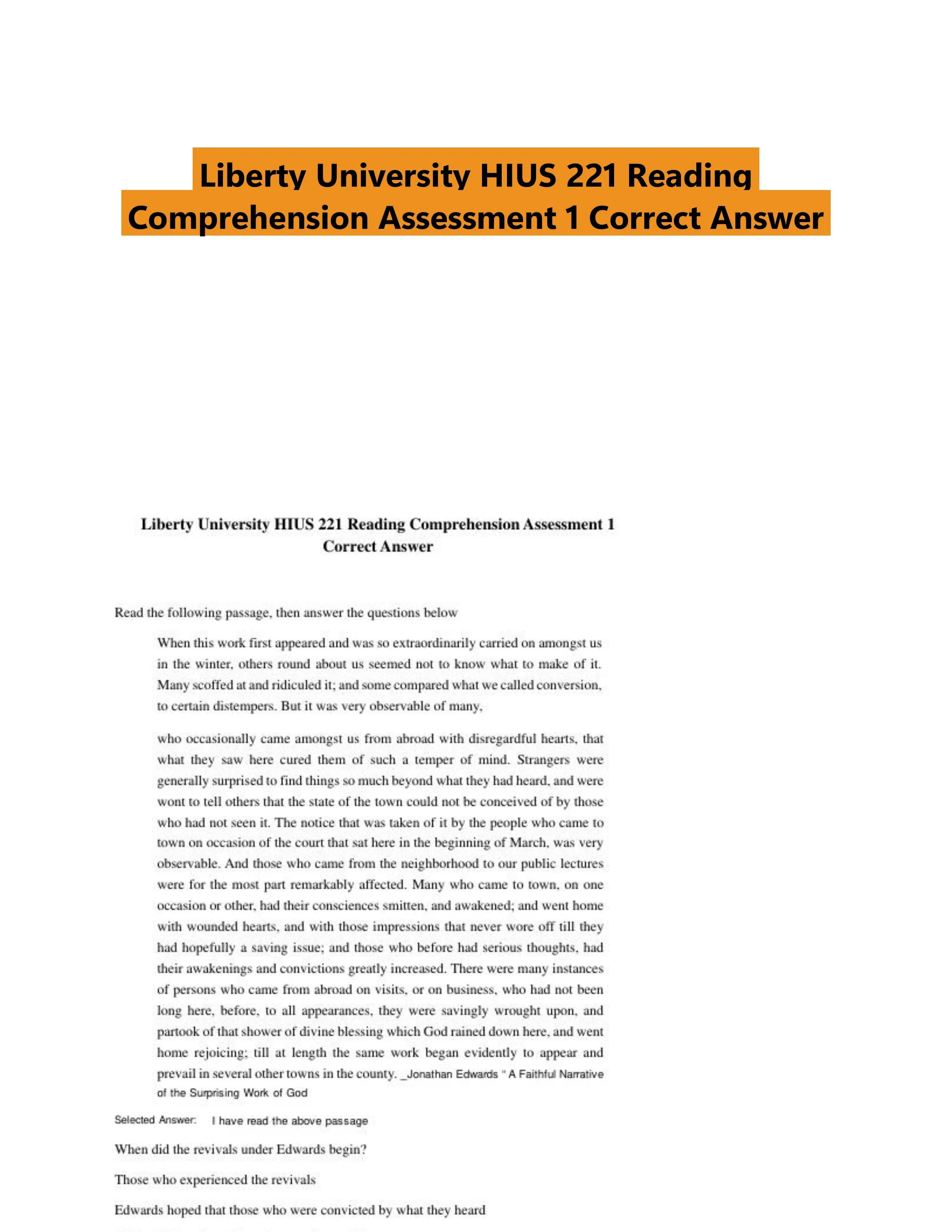 Liberty University HIUS 221 Reading Comprehension Assessment 1 Correct Answer