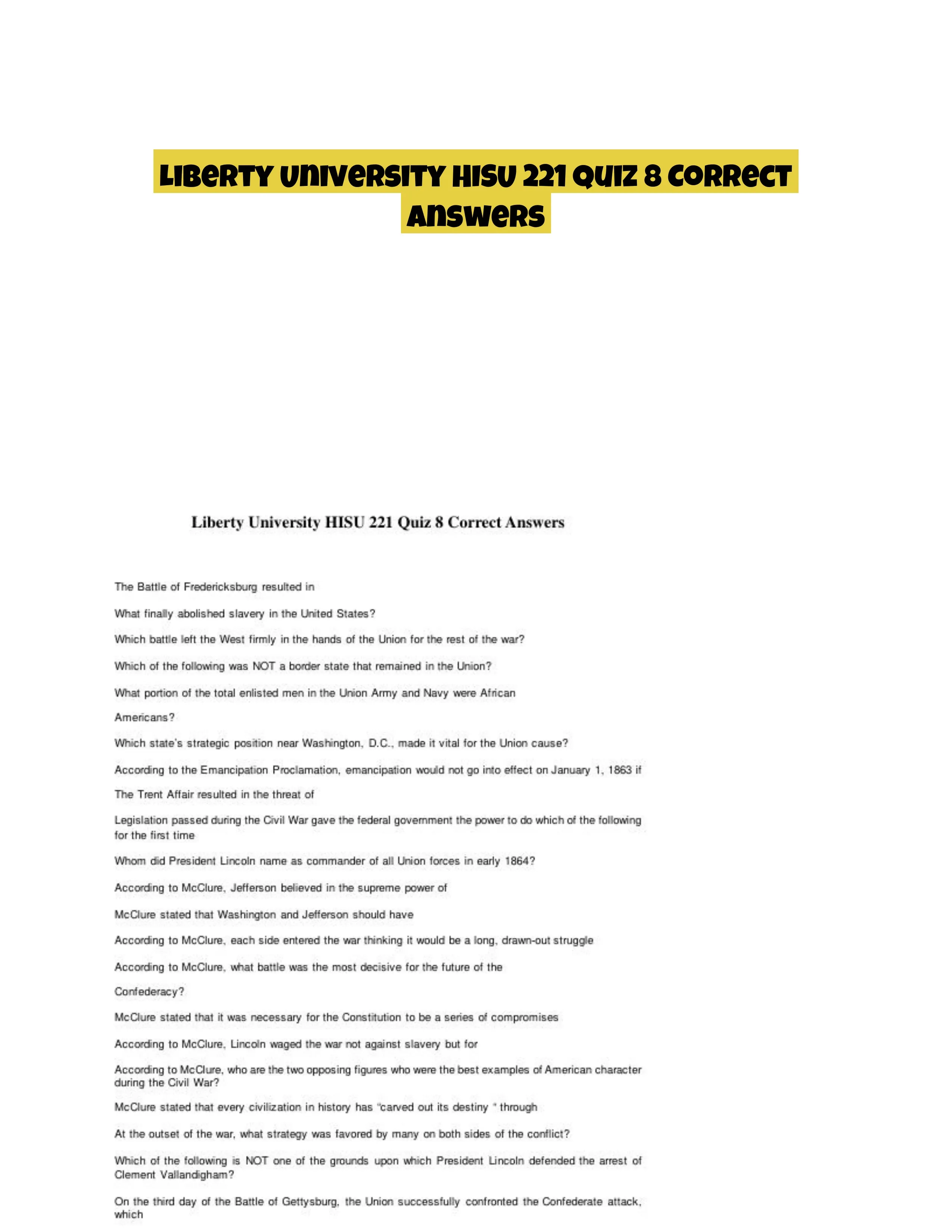Liberty University HISU 221 Quiz 8 Correct Answers