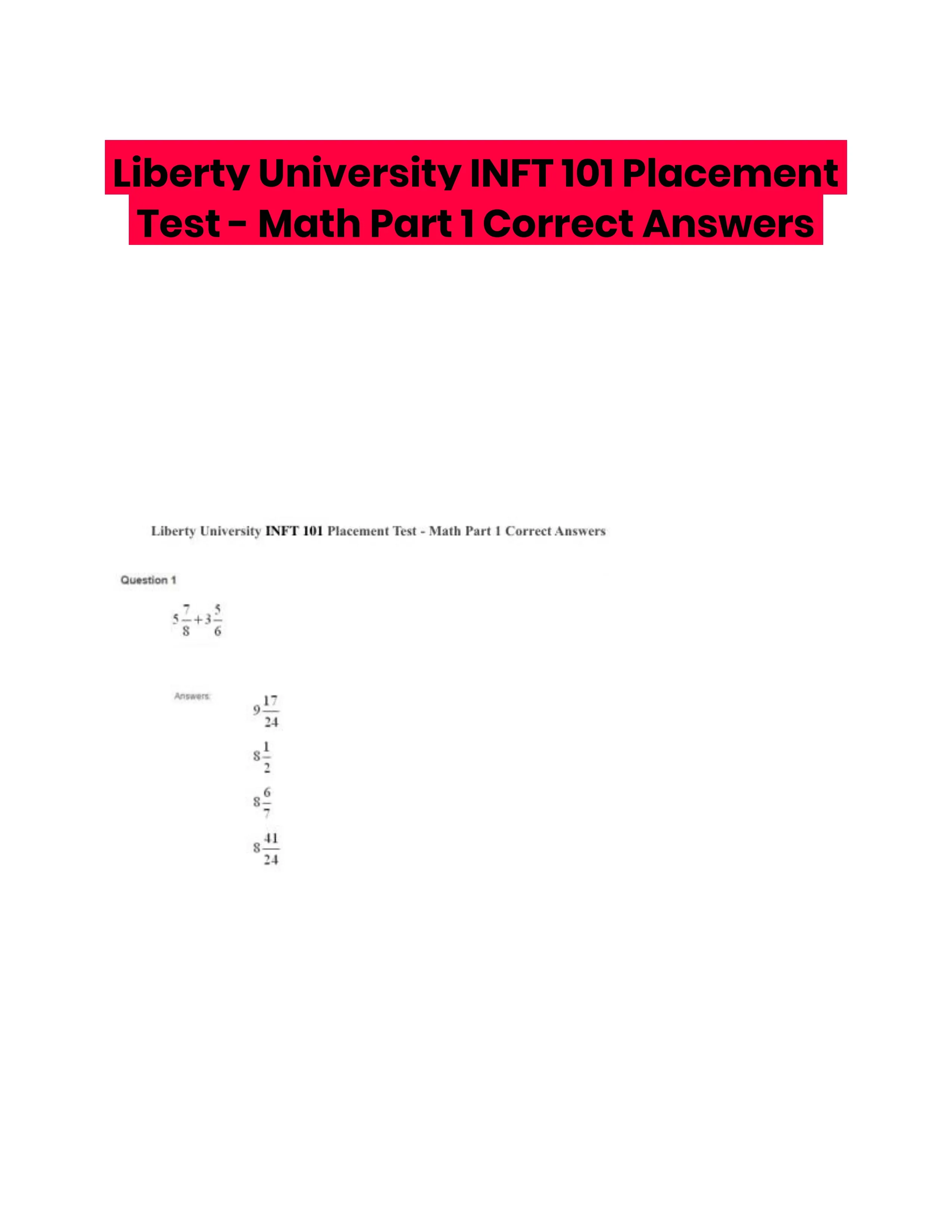 Liberty University INFT 101 Placement Test - Math Part 1 Correct Answers