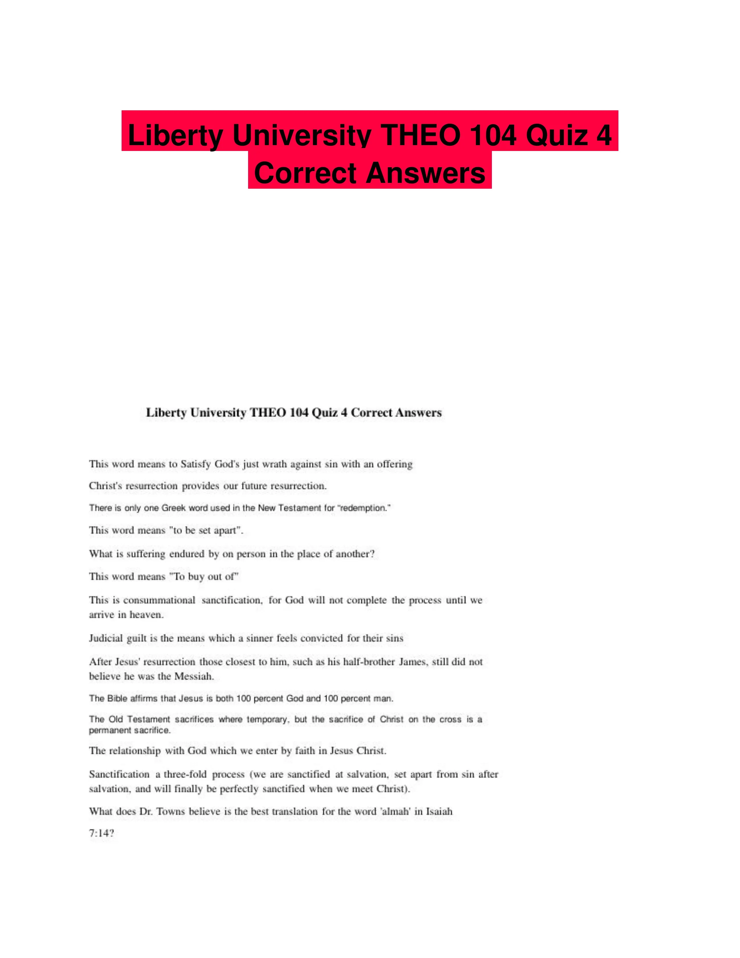 Liberty University THEO 104 Quiz 4 Correct Answers