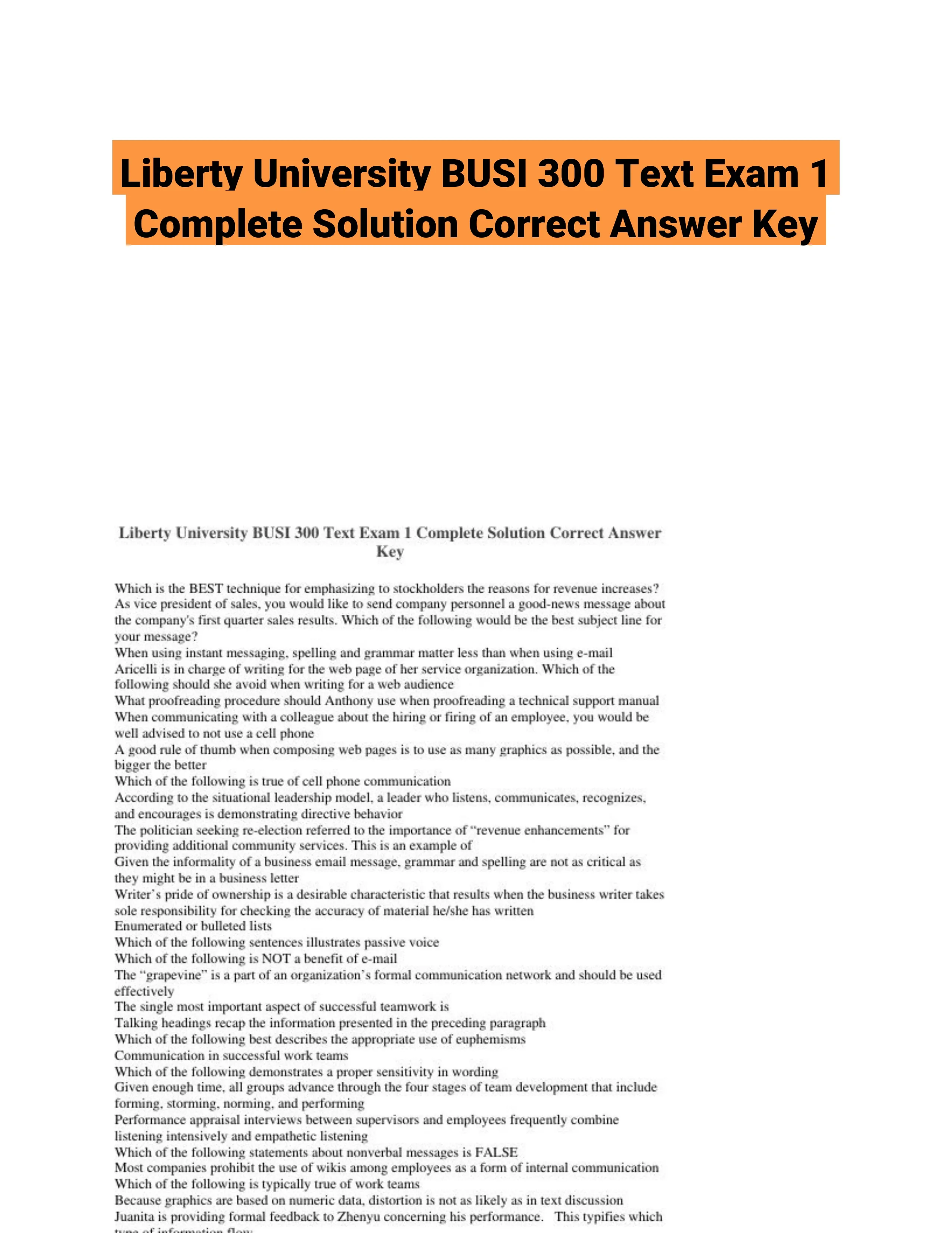 Liberty University BUSI 300 Text Exam 1 Complete Solution Correct Answer Key