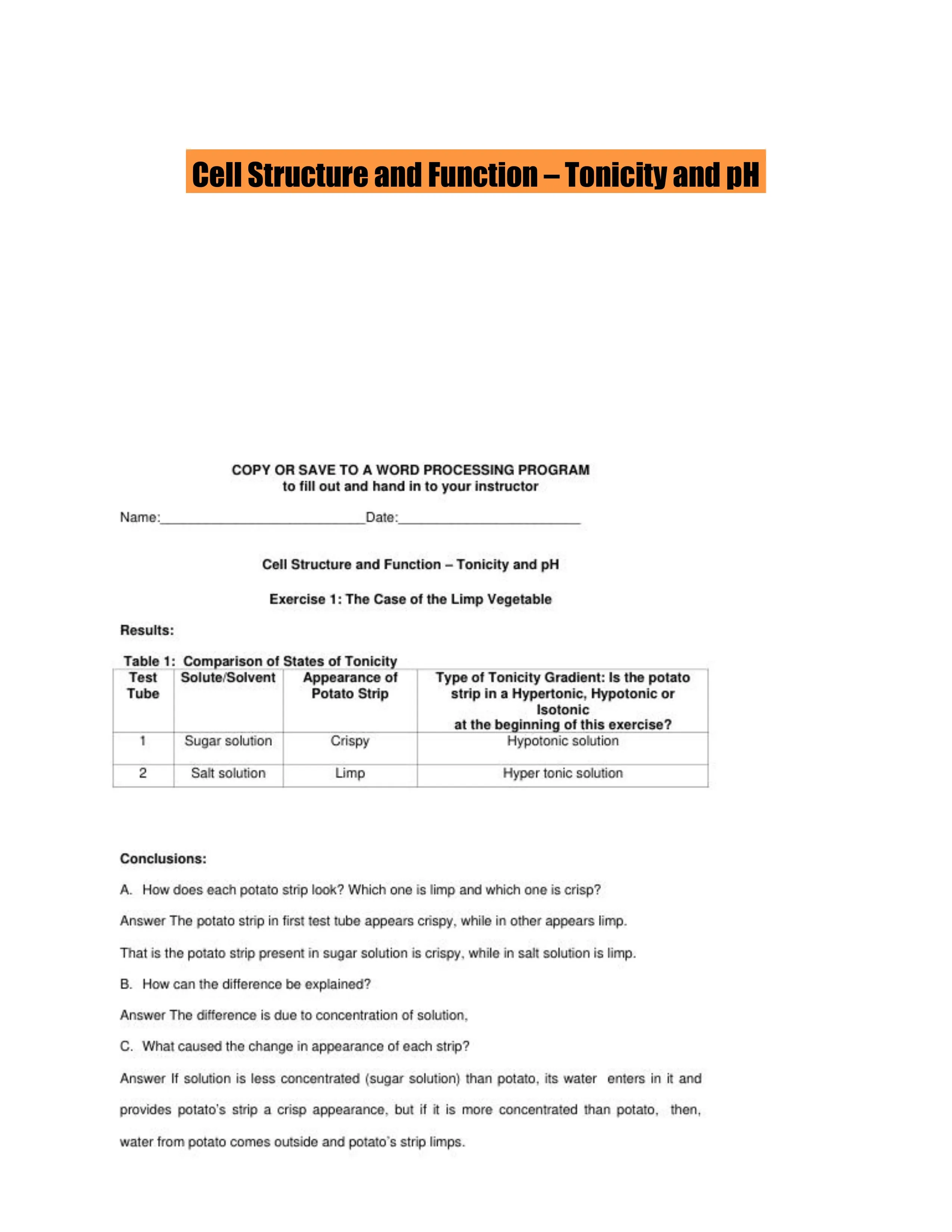 Cell Structure and Function � Tonicity and pH