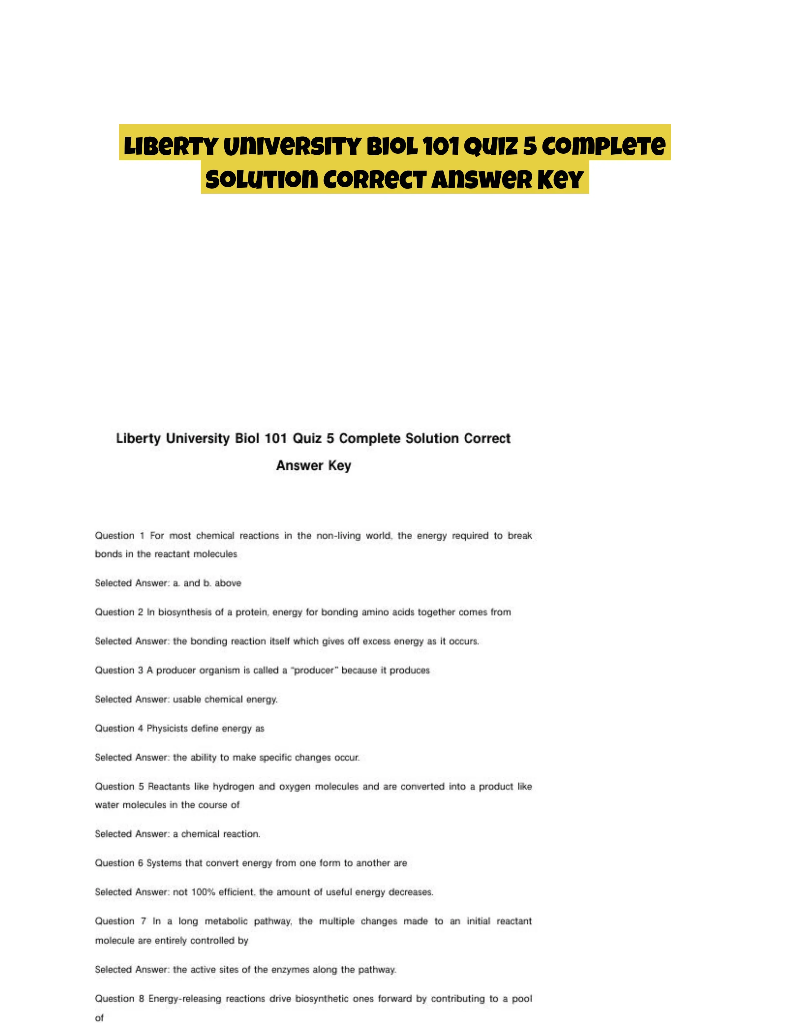 Liberty University Biol 101 Quiz 5 Complete Solution Correct Answer Key