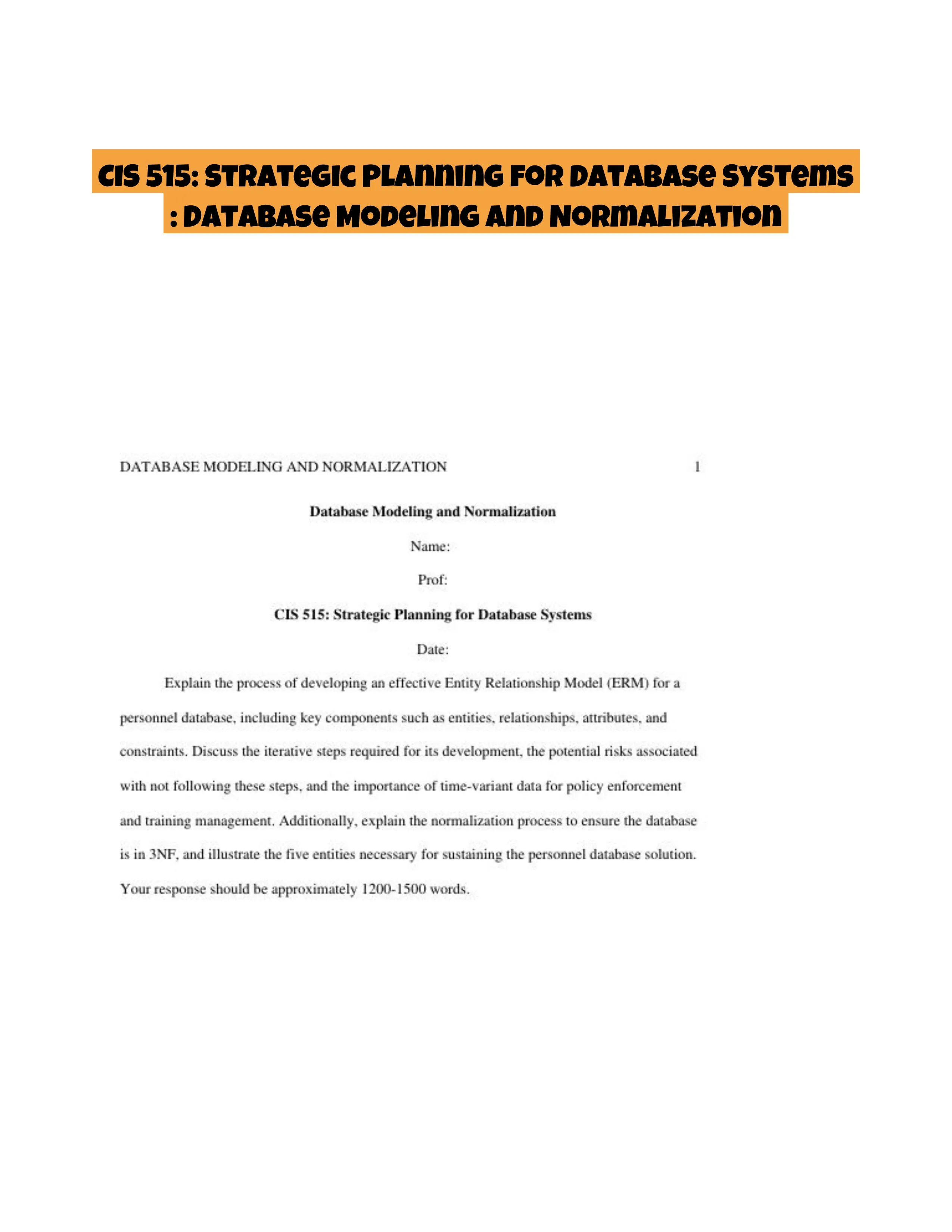 CIS 515: Strategic Planning for Database Systems : Database Modeling and Normalization