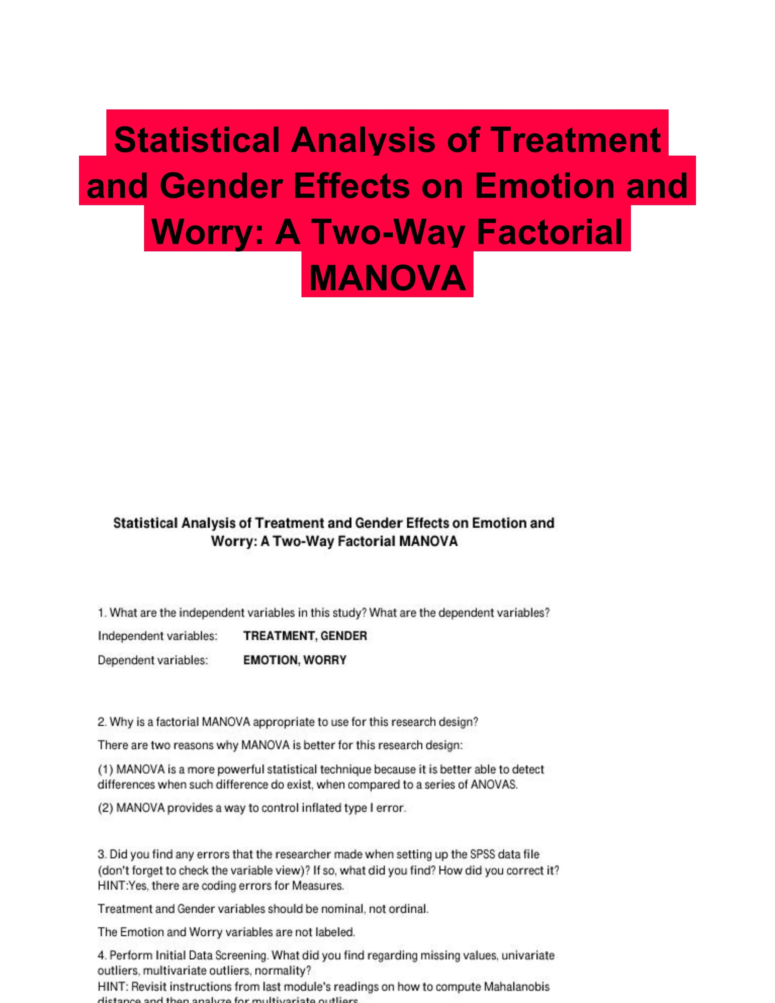 Statistical Analysis of Treatment and Gender Effects on Emotion and Worry: A Two-Way Factorial MANOVA