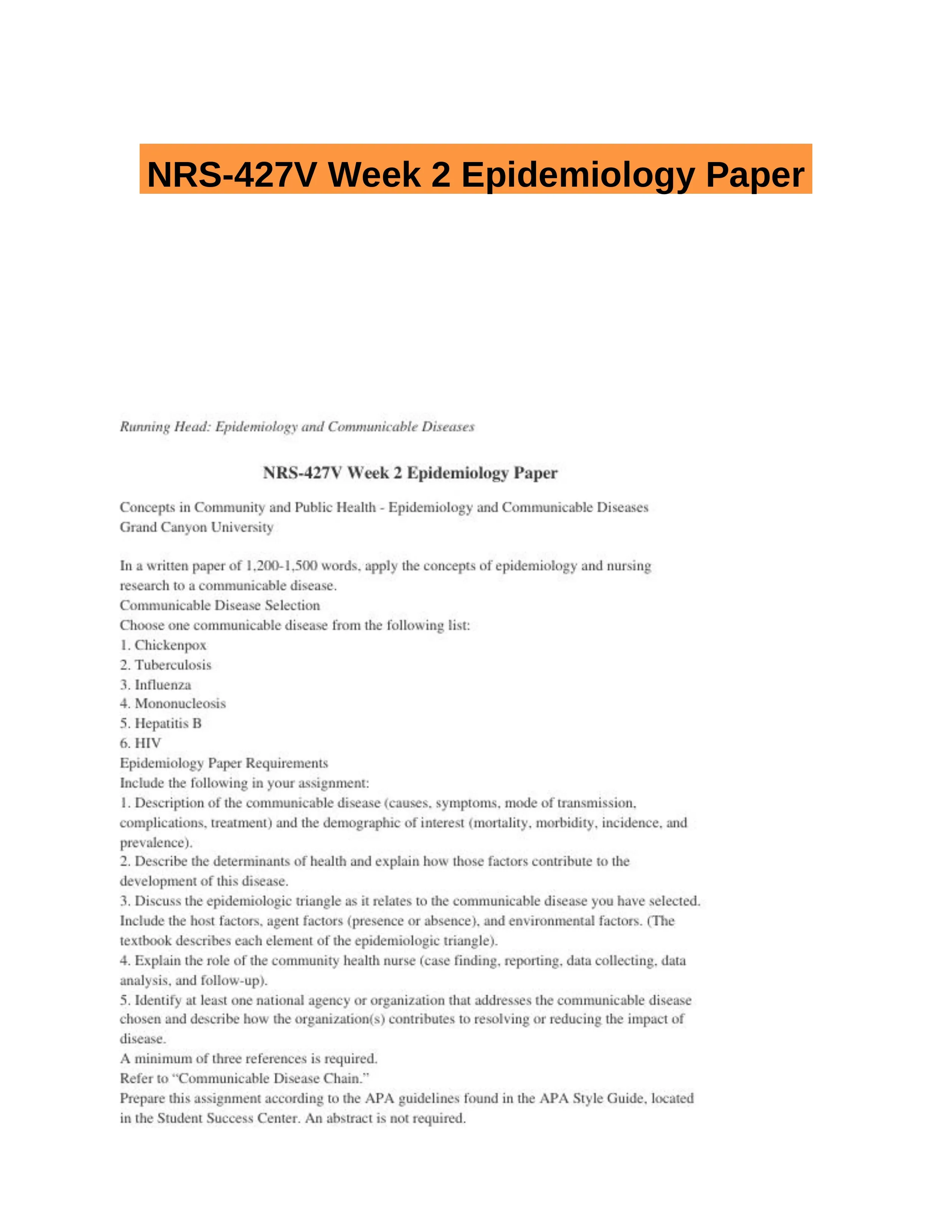 NRS-427V Week 2 Epidemiology Paper