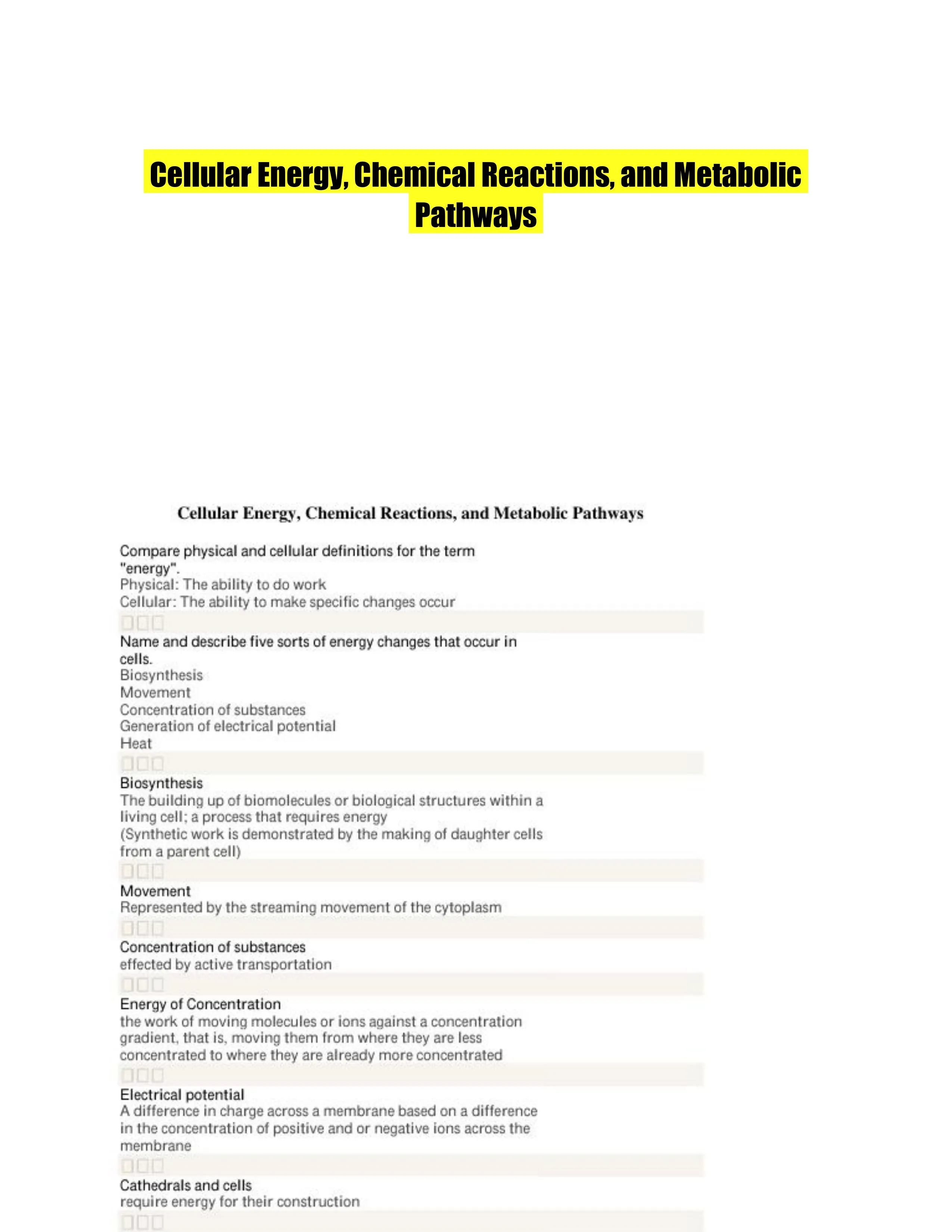 Cellular Energy, Chemical Reactions, and Metabolic Pathways