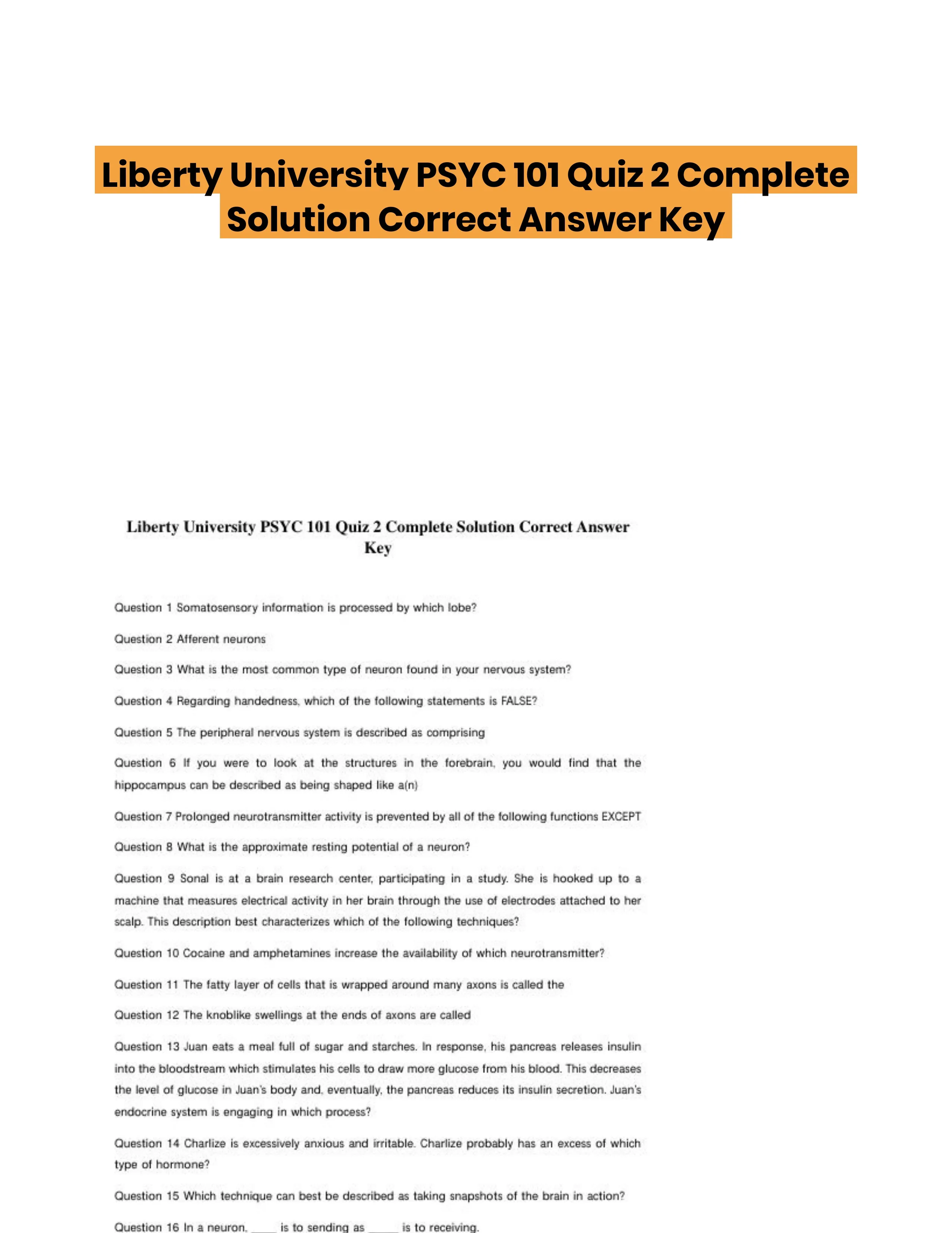 Liberty University PSYC 101 Quiz 2 Complete Solution Correct Answer Key