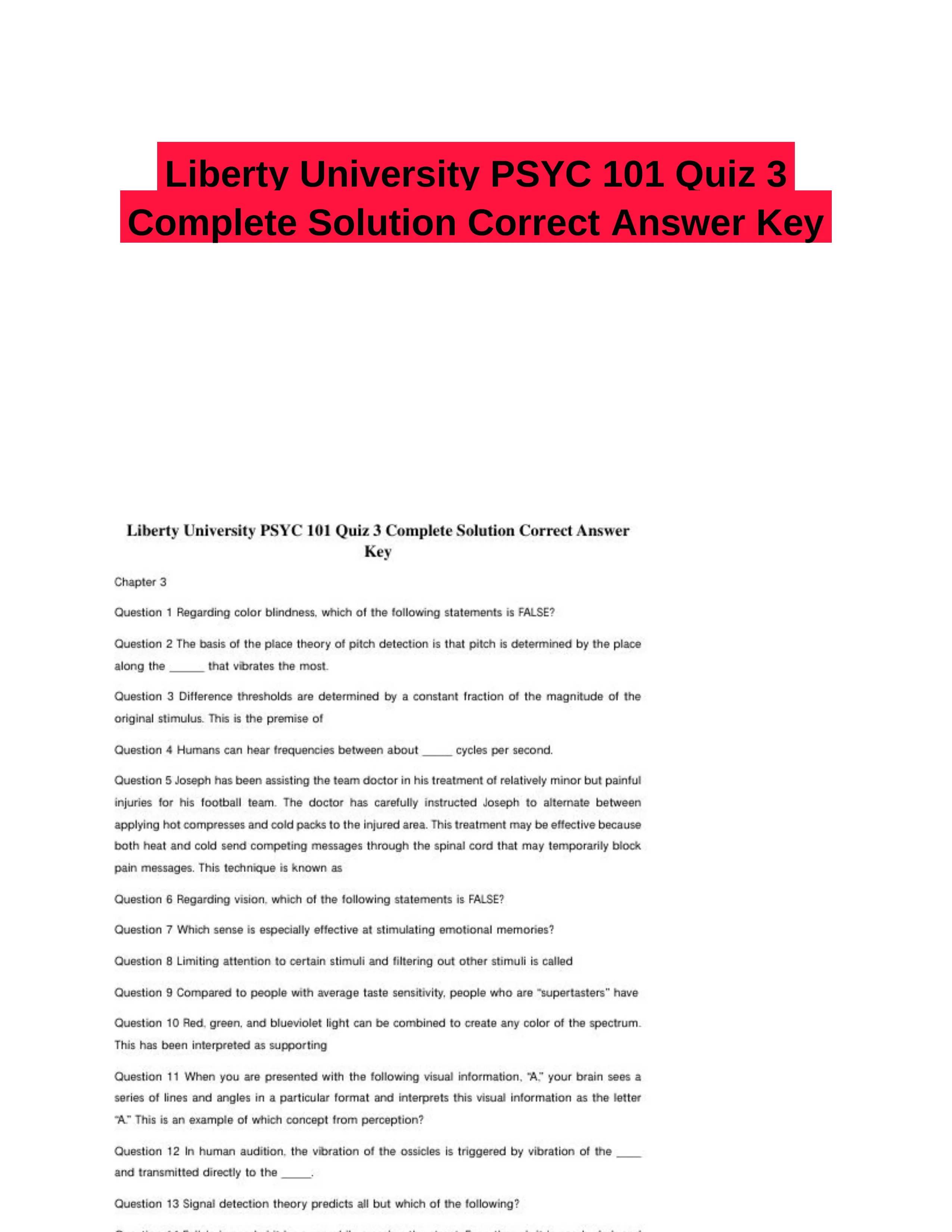 Liberty University PSYC 101 Quiz 3 Complete Solution Correct Answer Key