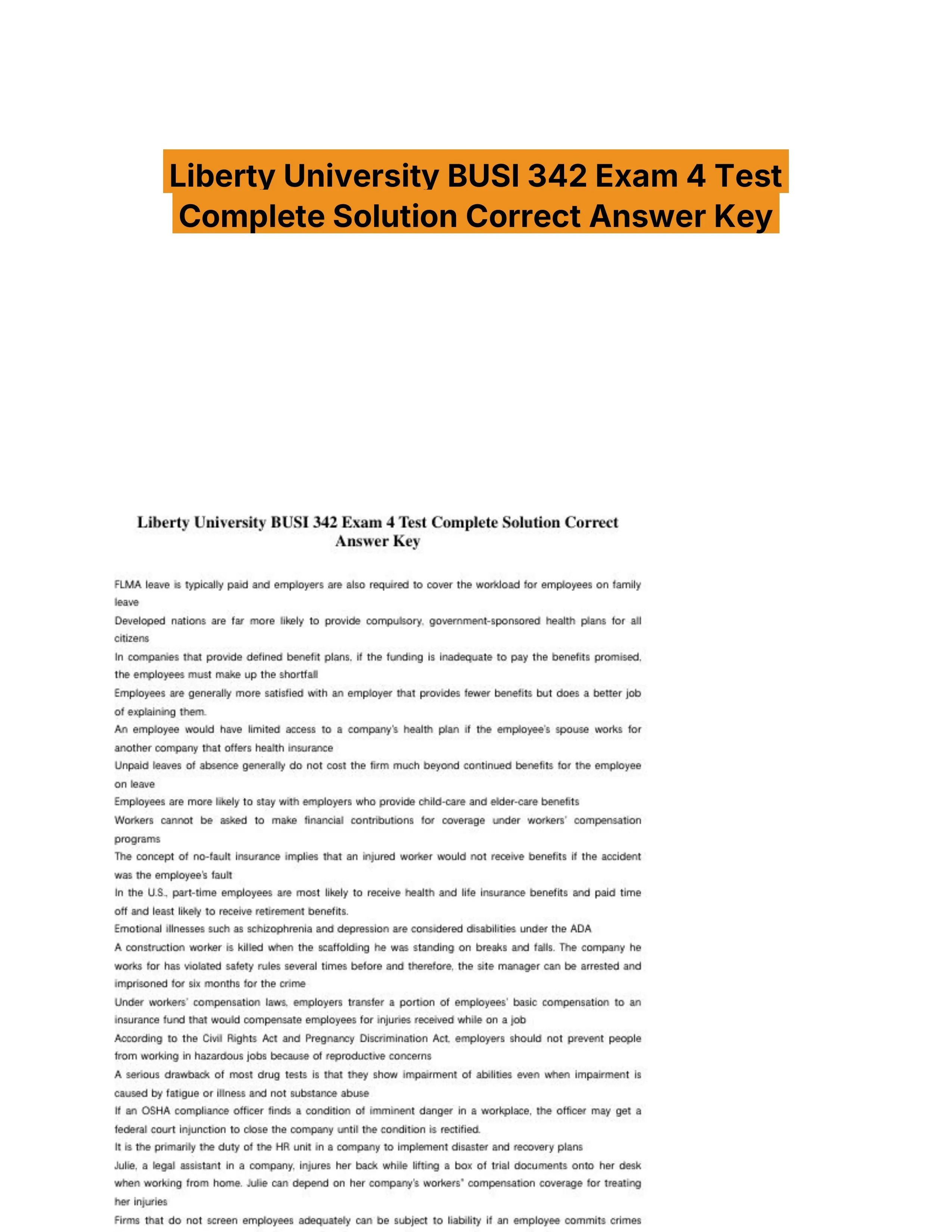 Liberty University BUSI 342 Exam 4 Test Complete Solution Correct Answer Key